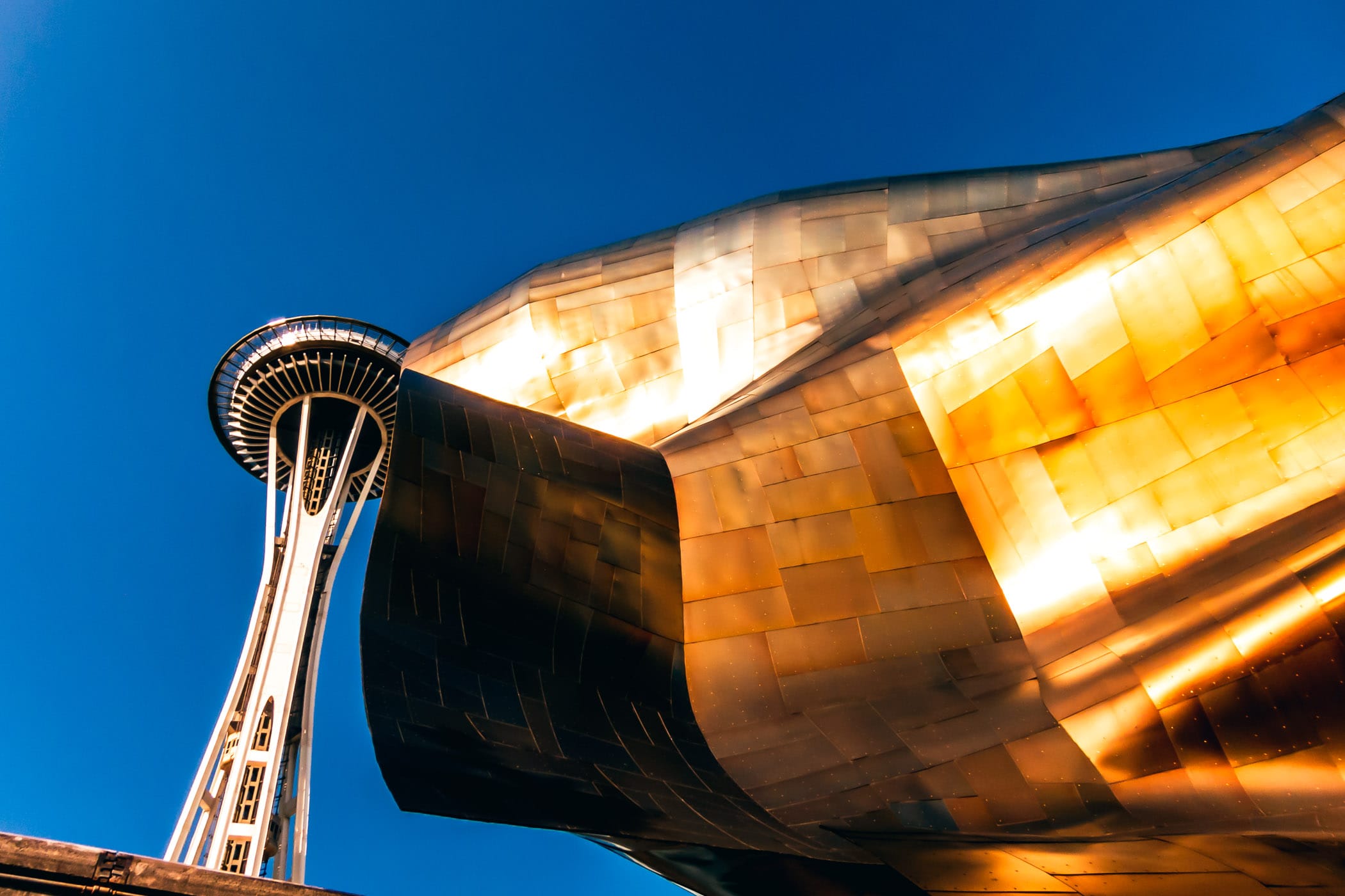 The Frank Gehry-designed Museum of Pop Culture (formerly the EMP Museum) obscures a portion of the adjacent Space Needle at the Seattle Center.