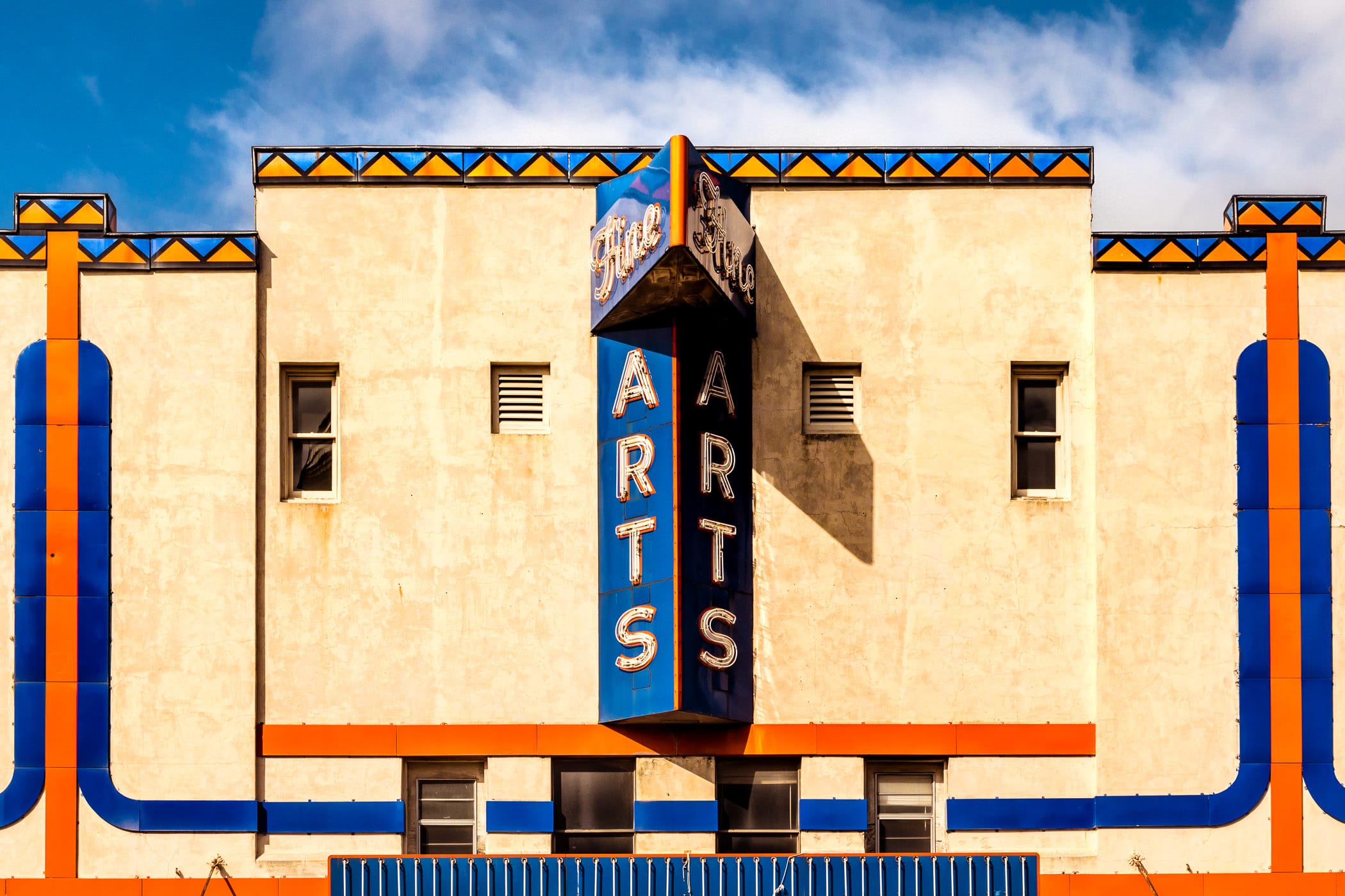 The sign and facade of the Fine Arts Theatre in Downtown Denton, Texas.