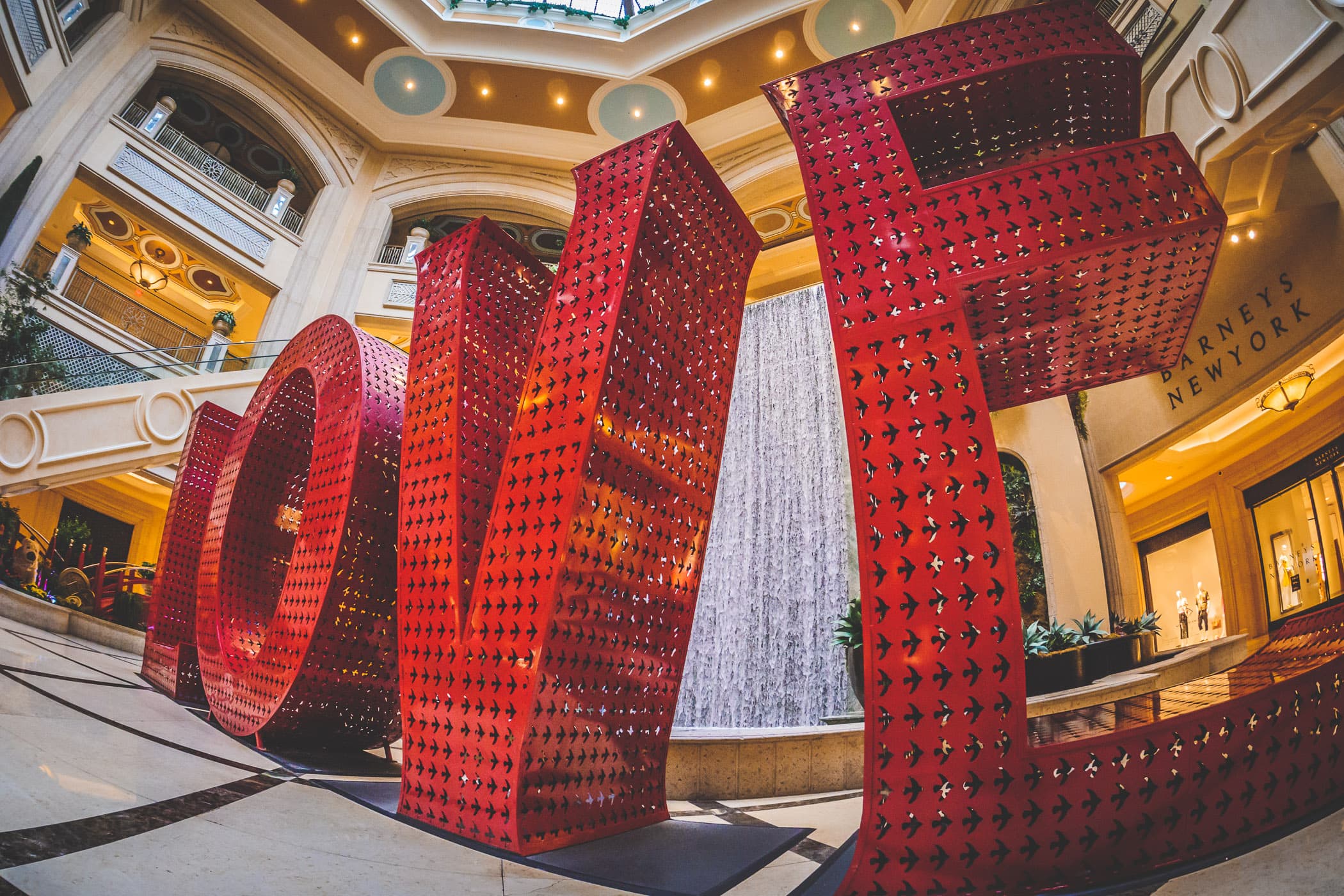 Giant letters spell "Love" in the atrium at the Grand Canal Shoppes, The Venetian, Las Vegas.