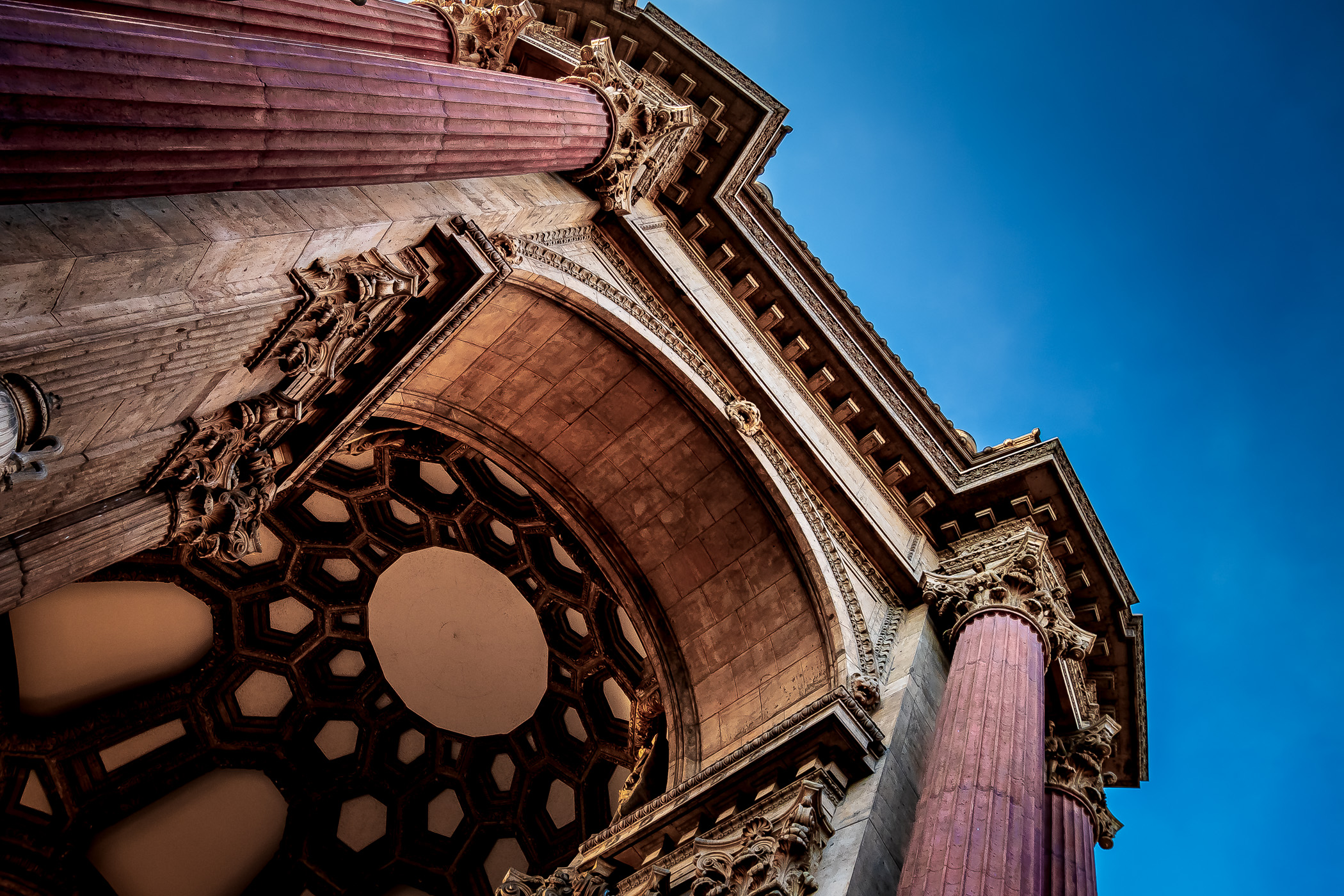 San Francisco’s Palace of Fine Arts rises into the sky over the Bay Area.