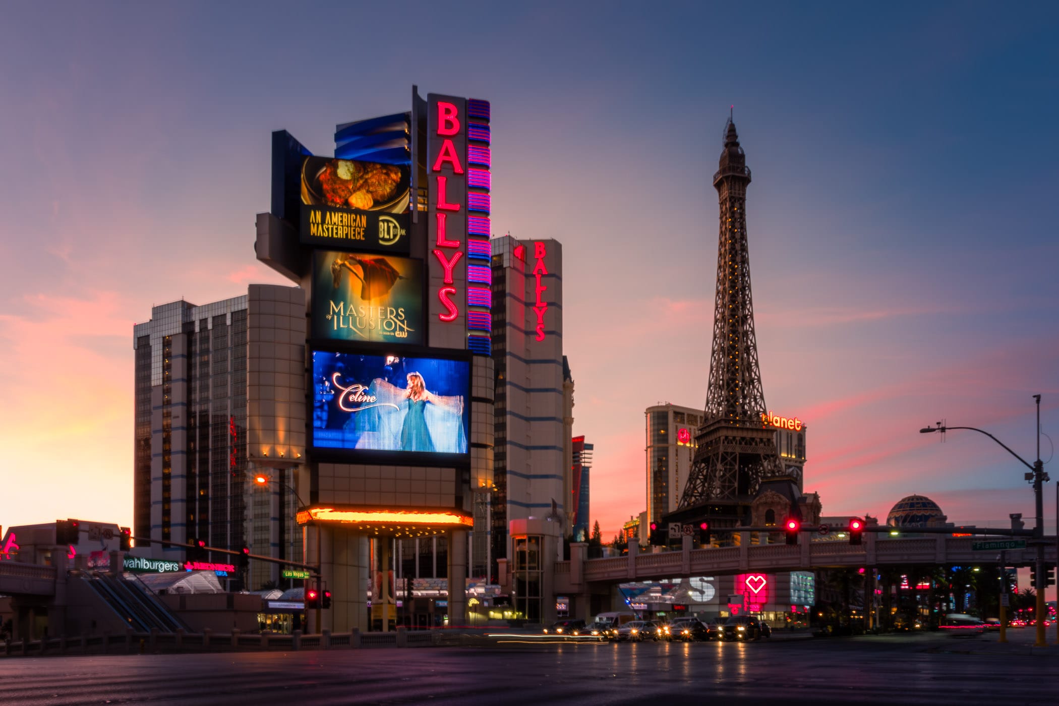 The sun rises on Ballys, Paris Las Vegas, Planet Hollywood and the rest of the Las Vegas Strip.