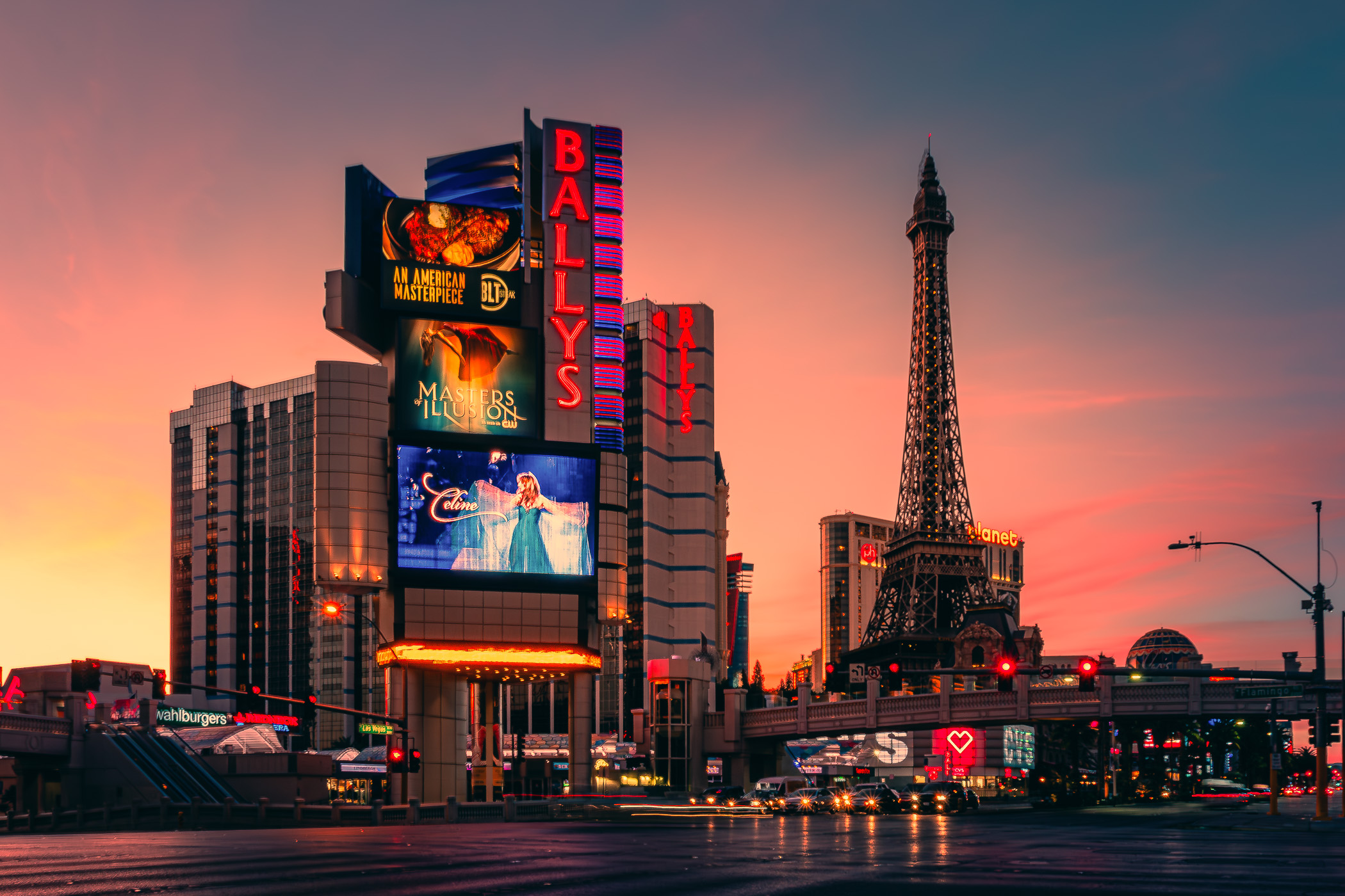 The sun rises on Ballys, Paris Las Vegas, Planet Hollywood and the rest of the Las Vegas Strip.