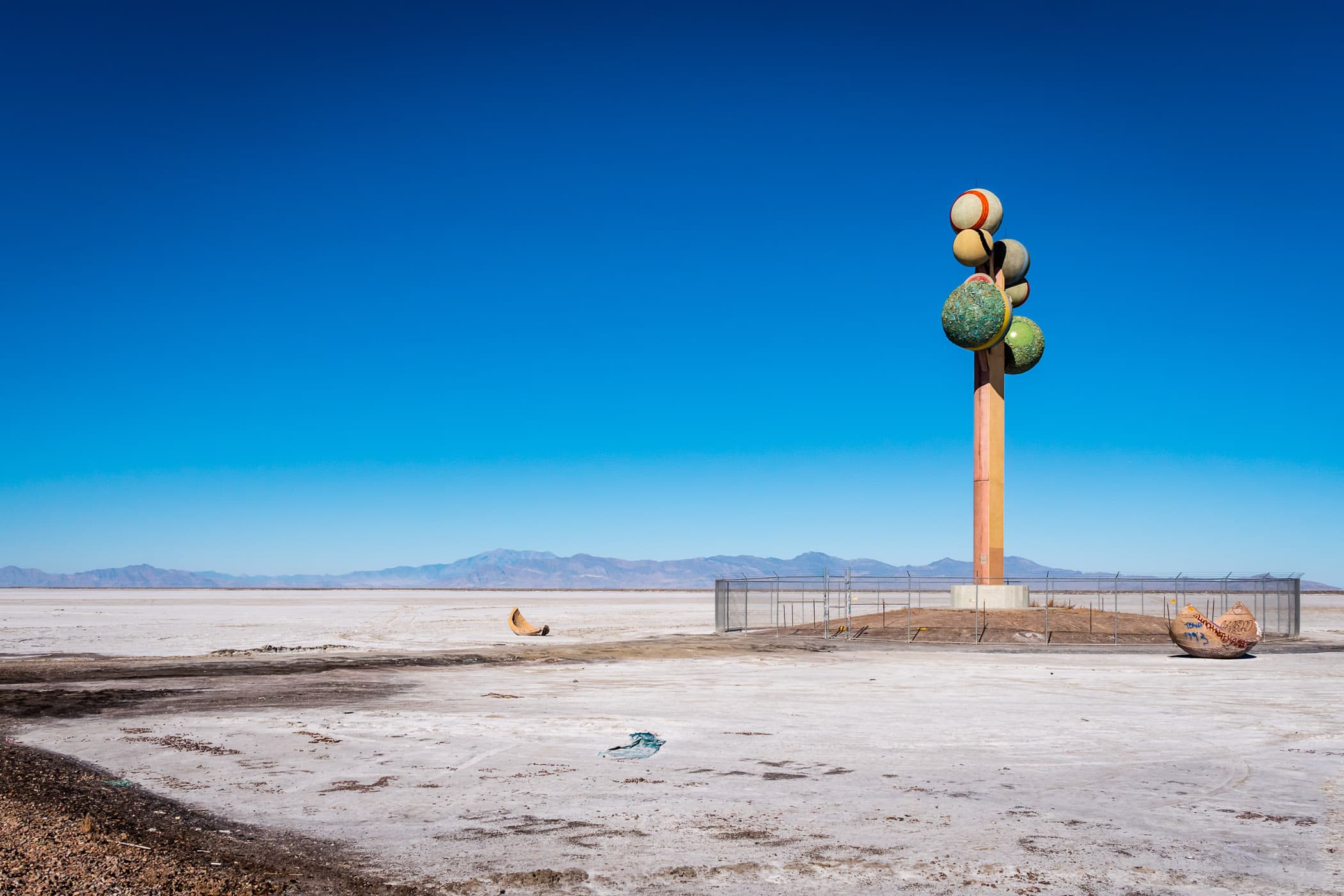 Swedish sculptor Karl Momen's 87-foot-tall Metaphor: The Tree of Utah rises over the desolate emptiness of Utah's Bonneville Salt Flats.