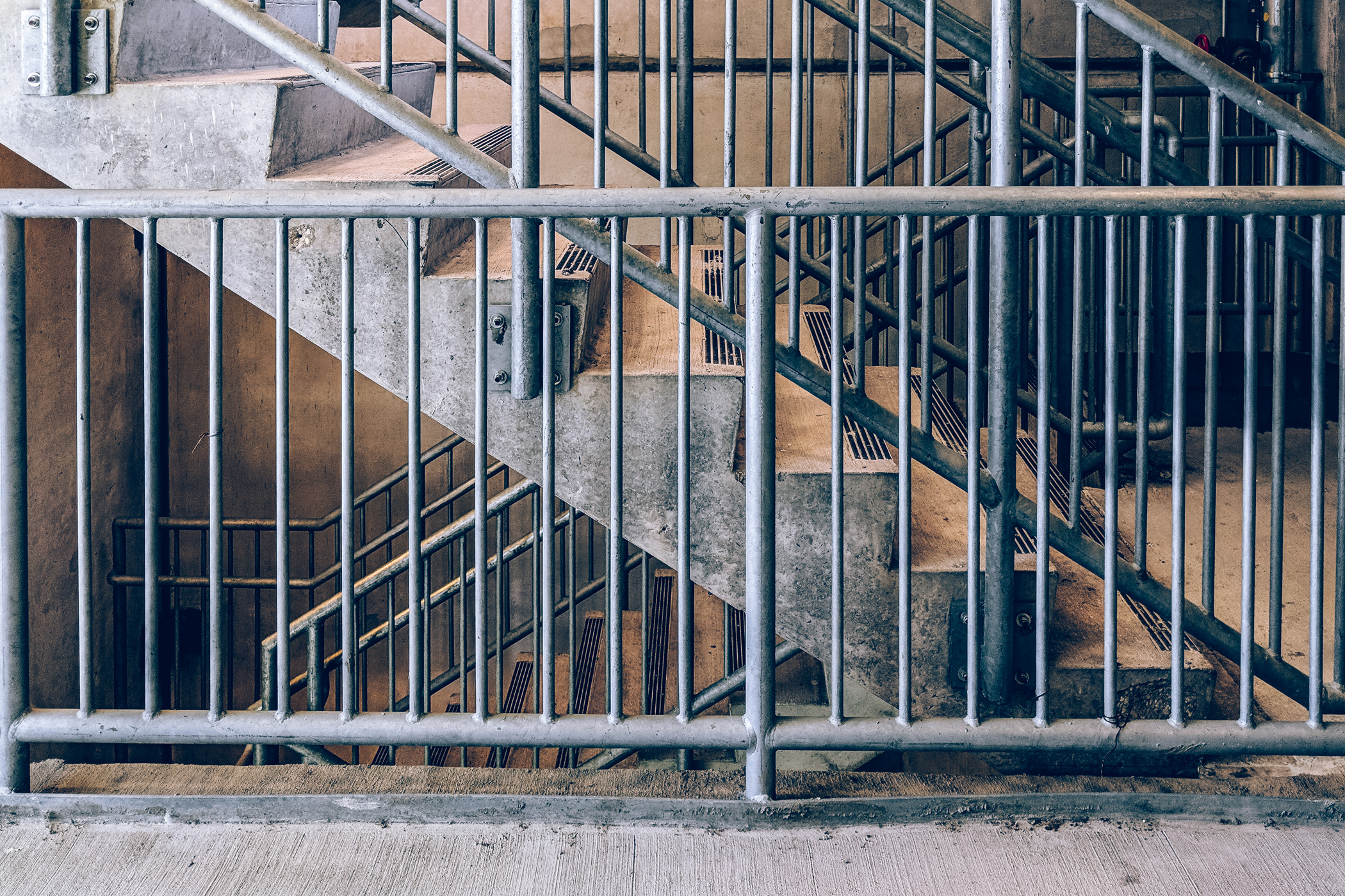 Stairs in a parking garage at a Plano, Texas, office complex.