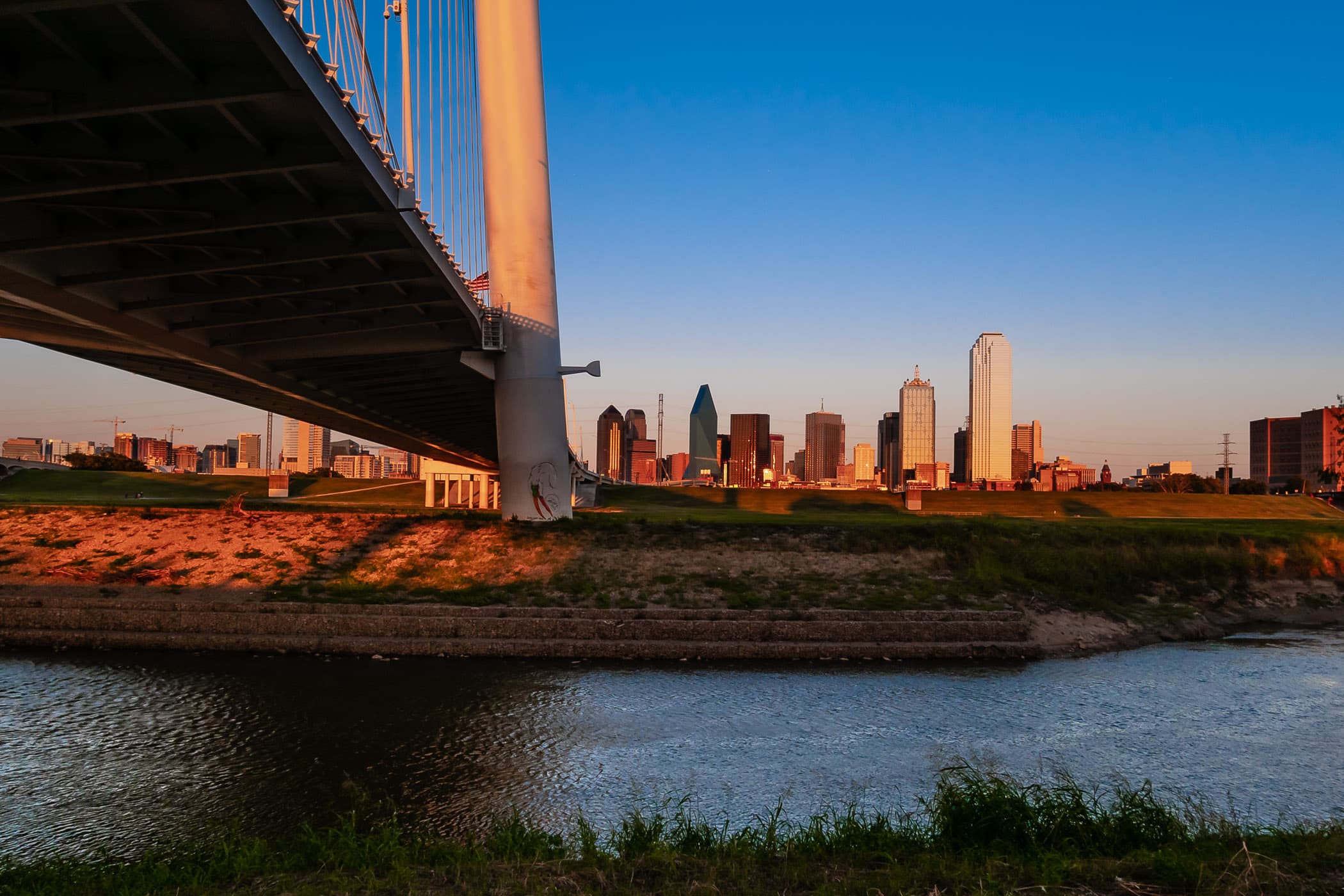The Margaret Hunt Hill Bridge reaches over the Trinity River towards Downtown Dallas.