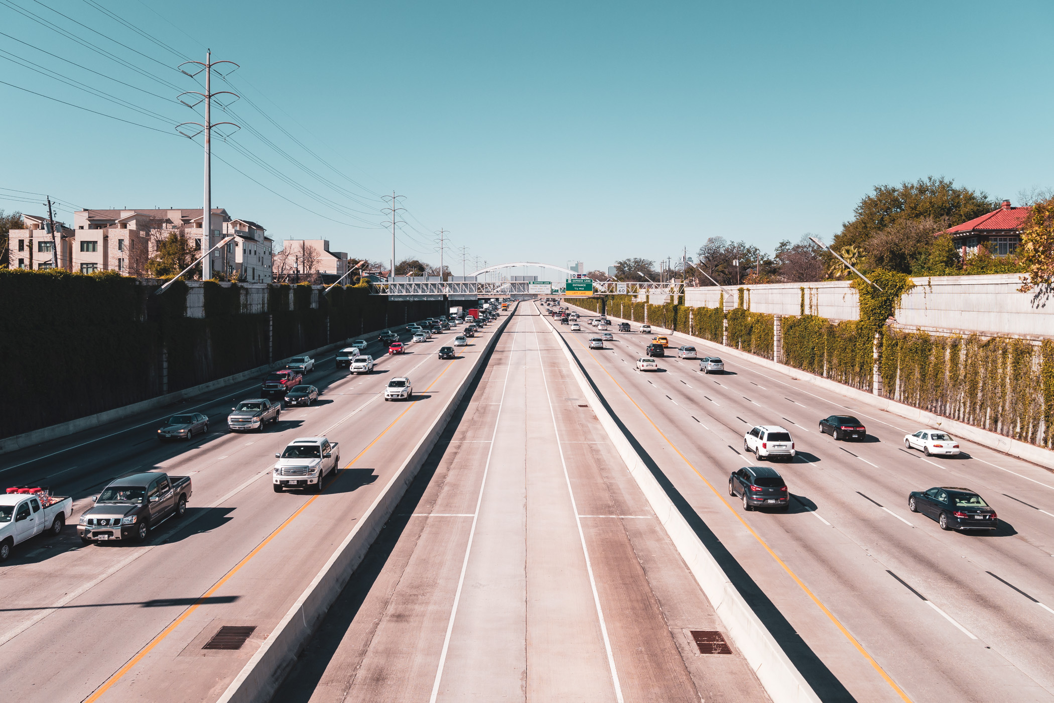 Traffic traverses US 59—known locally as the Southwest Freeway—south of Downtown Houston.