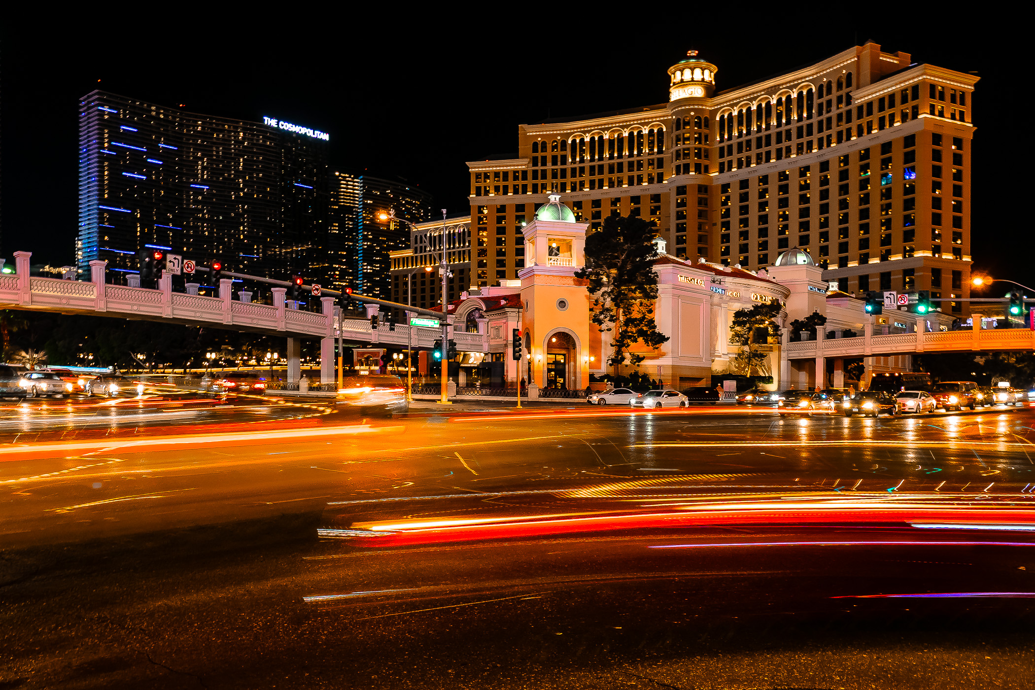 A long exposure shot of the intersection of Flamingo Road and The Strip, Las Vegas.