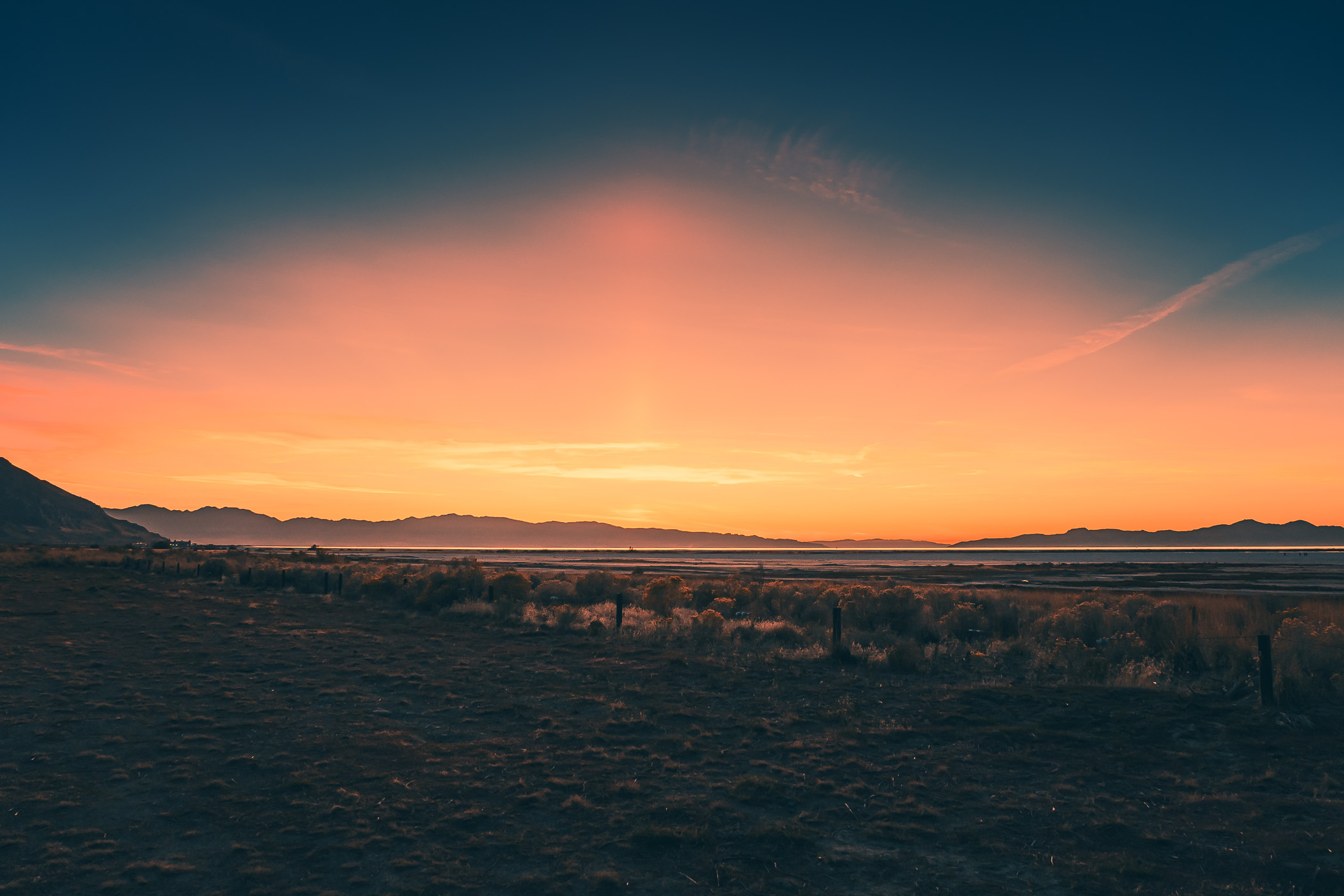 The sun sets over the Great Salt Lake, Utah.