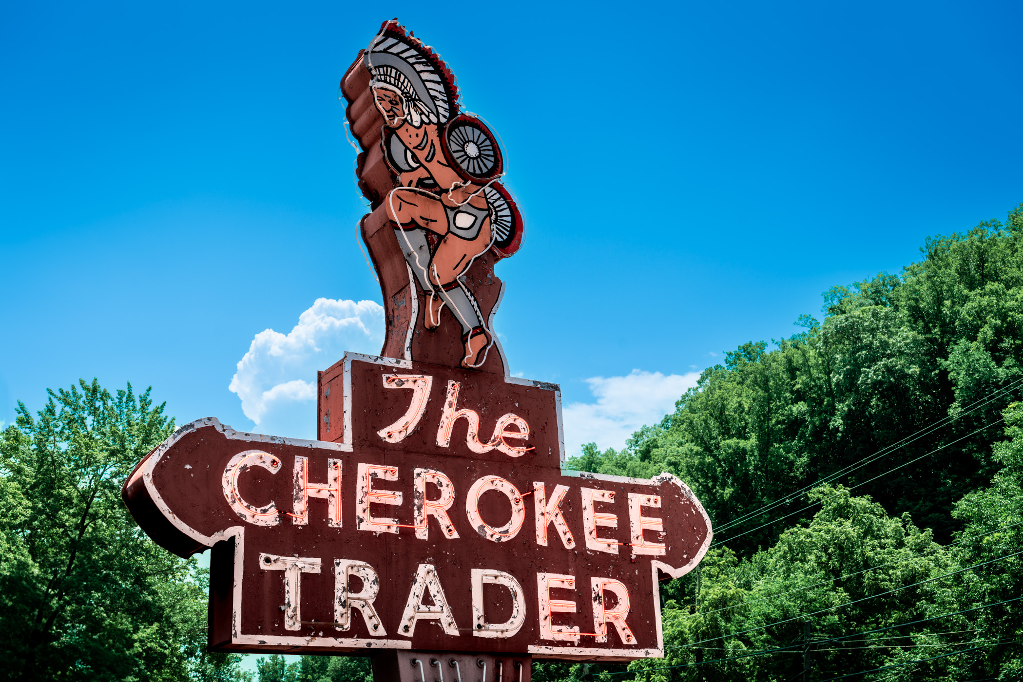 A sign at the Cherokee Trader store in Cherokee, North Carolina.