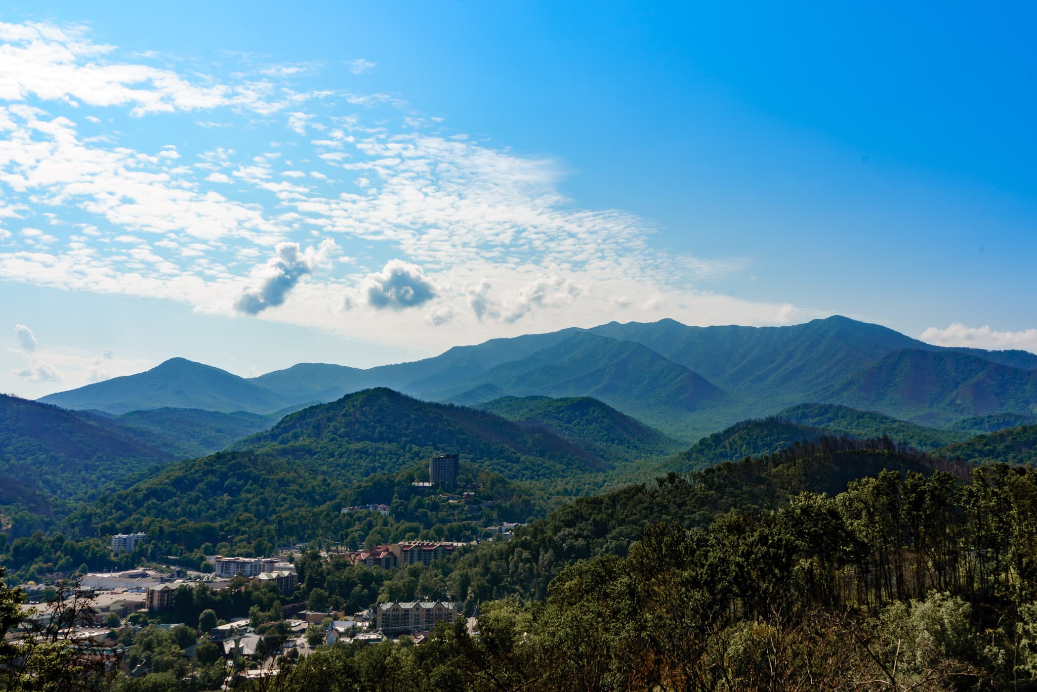 Gatlinburg, Tennessee, sits amongst the Great Smoky Mountains.