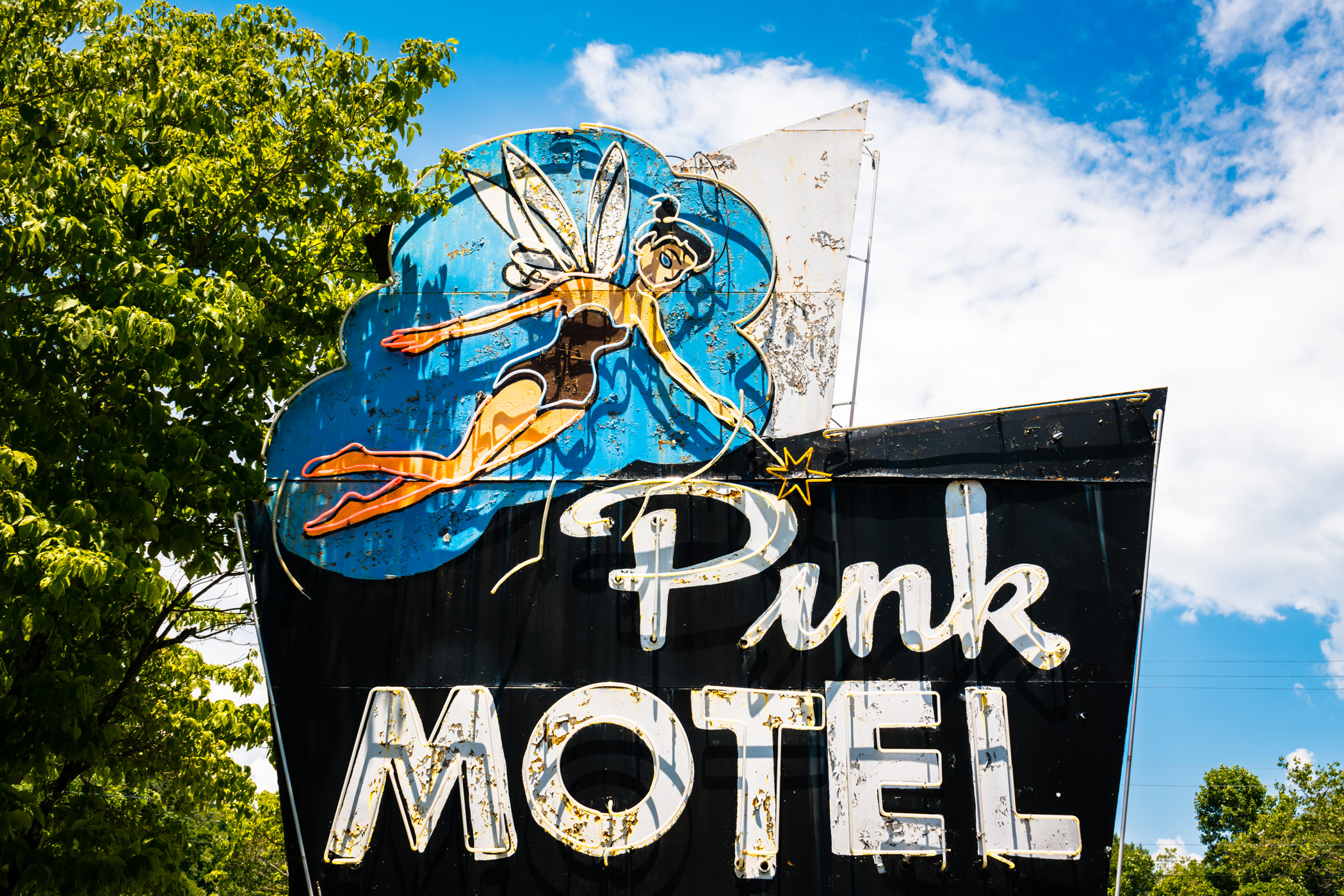 The aged sign of the Pink Motel in Cherokee, North Carolina.