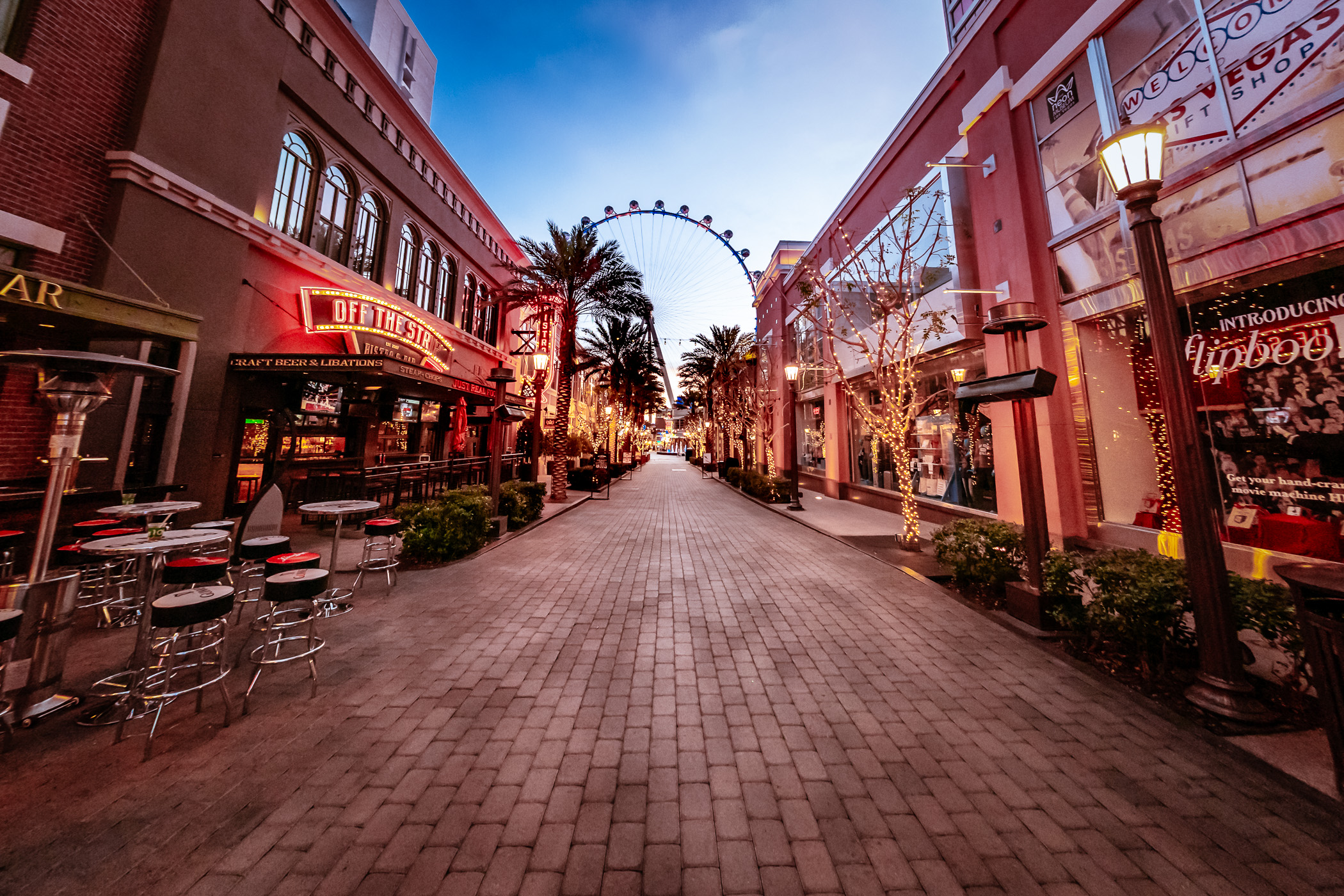 The Linq Promenade leads towards the High Roller observation wheel on an early Las Vegas morning.