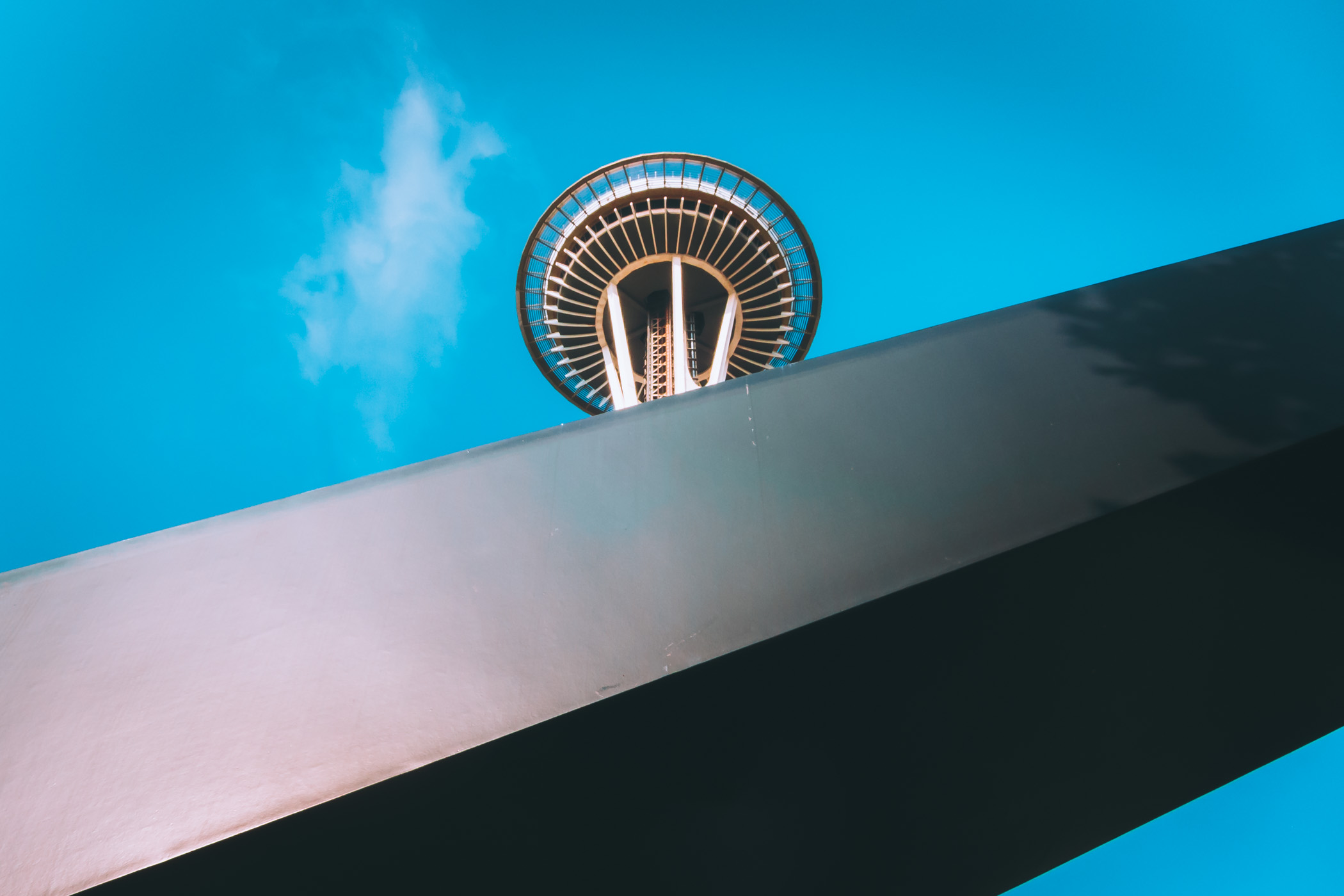 The Seattle Space Needle rises over part of a nearby sculpture.