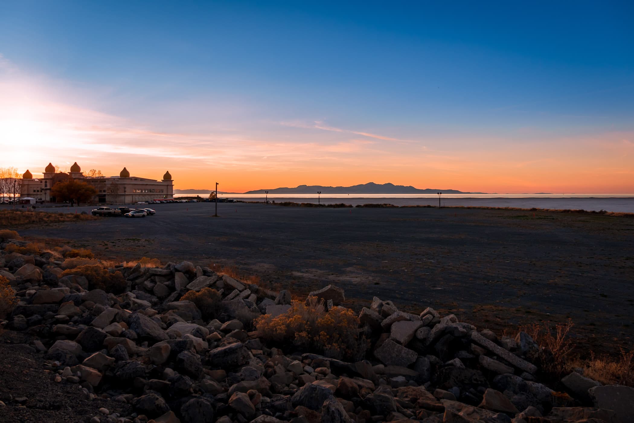 The sun sets on the Saltair concert venue along the southern shore of Utah's Great Salt Lake near Tooele.