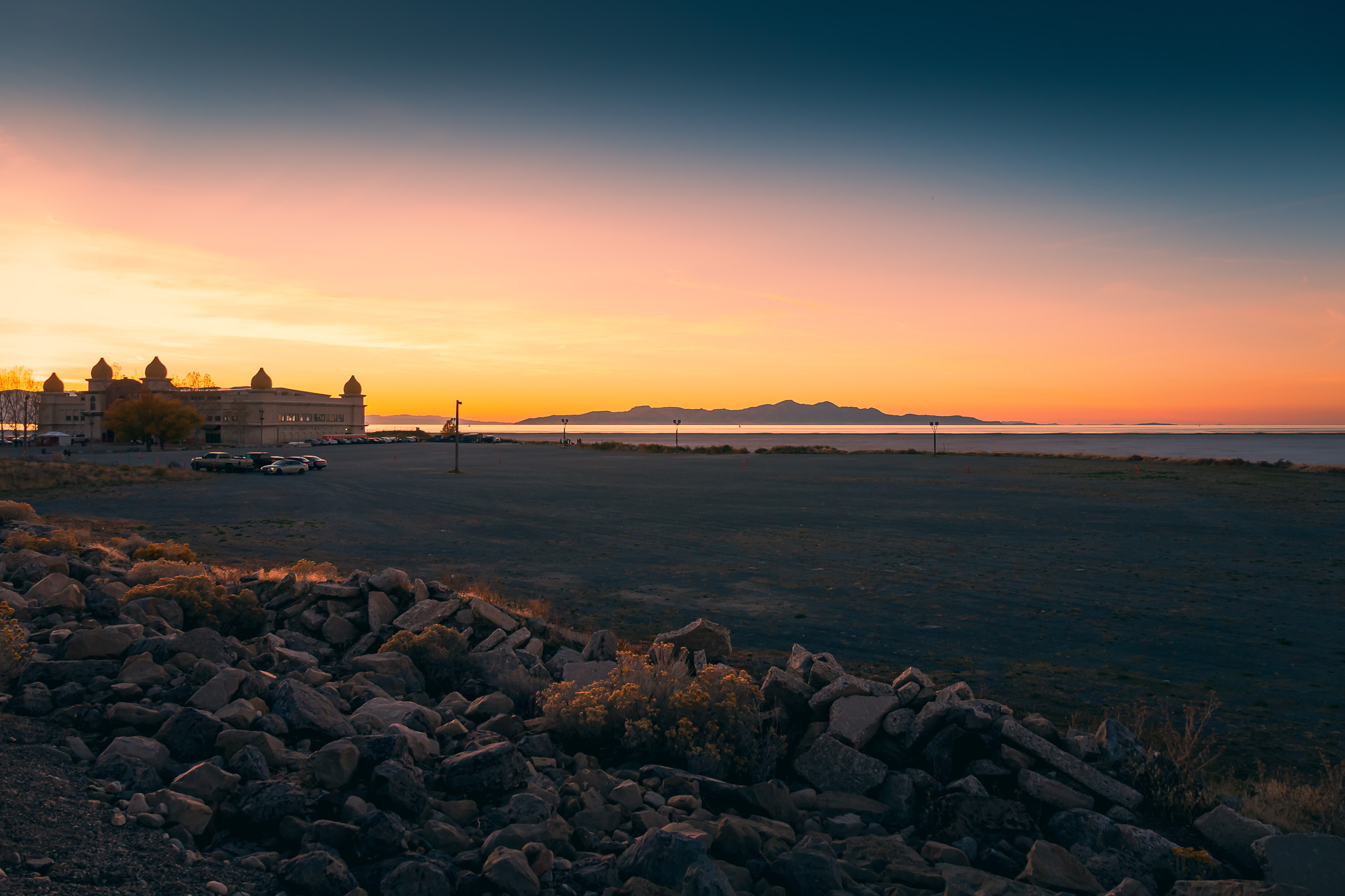 The sun sets on the Saltair concert venue along the southern shore of Utah's Great Salt Lake near Tooele.