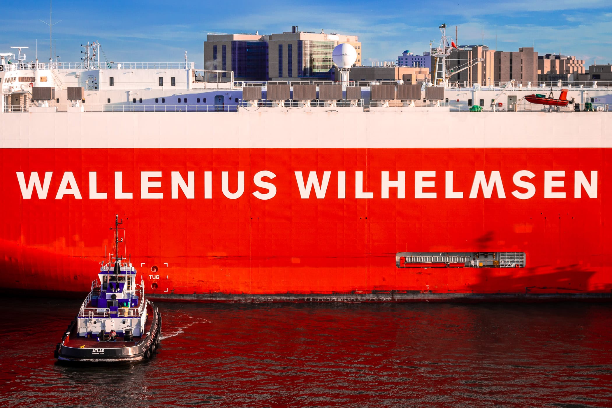 Detail of a Wallenius Wilhelmsen roll-on/roll-off vessel in the Port of Galveston, Texas.
