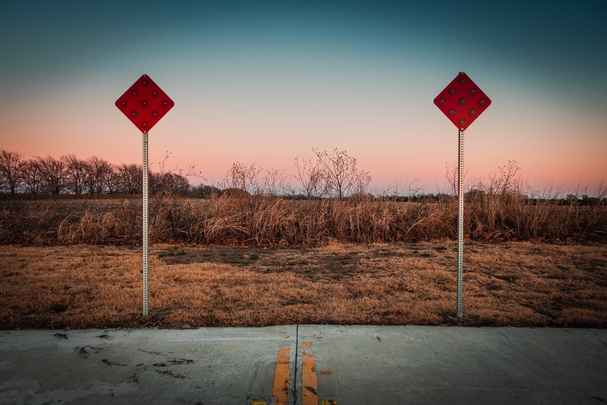 Reflectors mark the end of a road near McKinney, Texas.