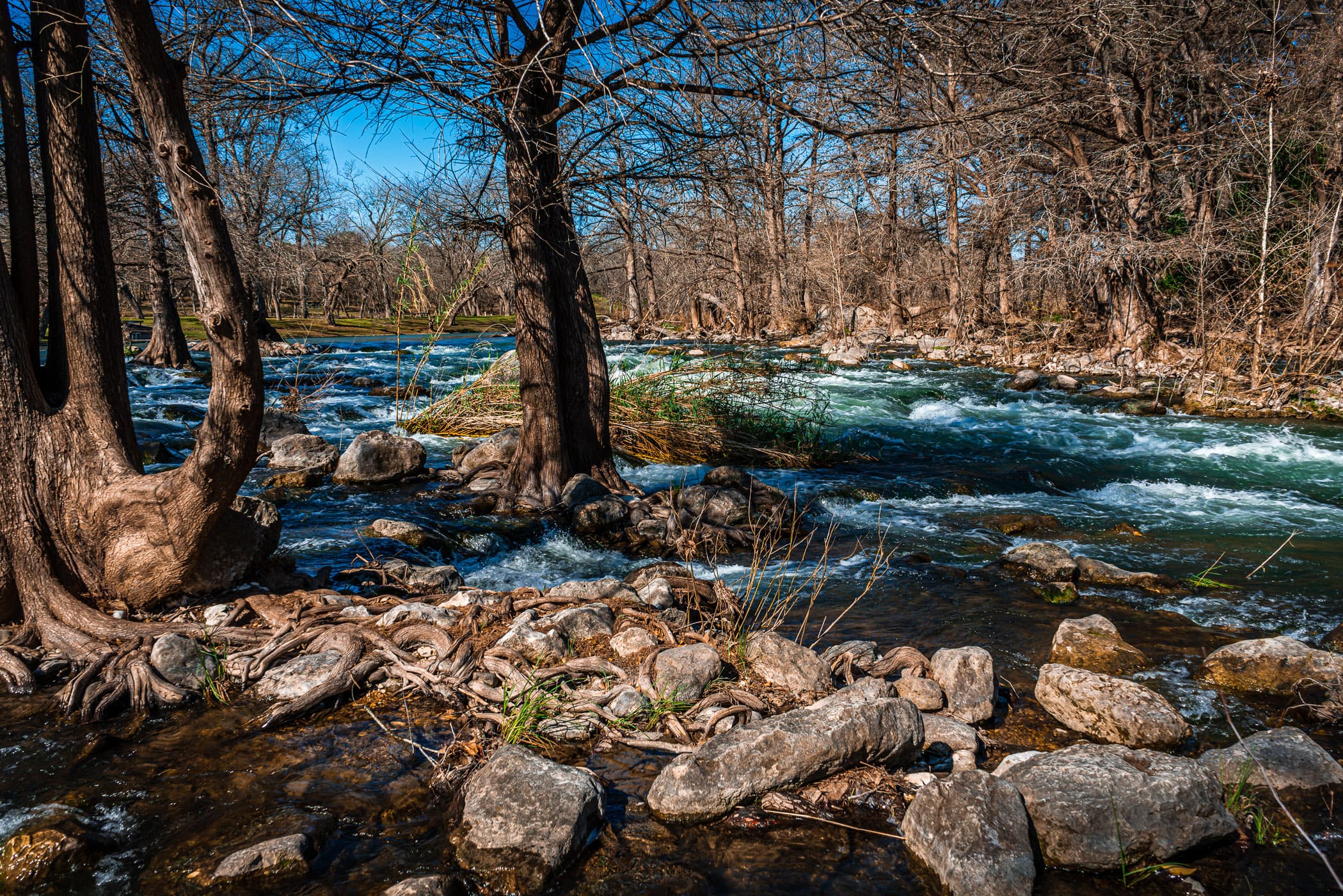 The Guadalupe River flows over rocks near Gruene, Texas.