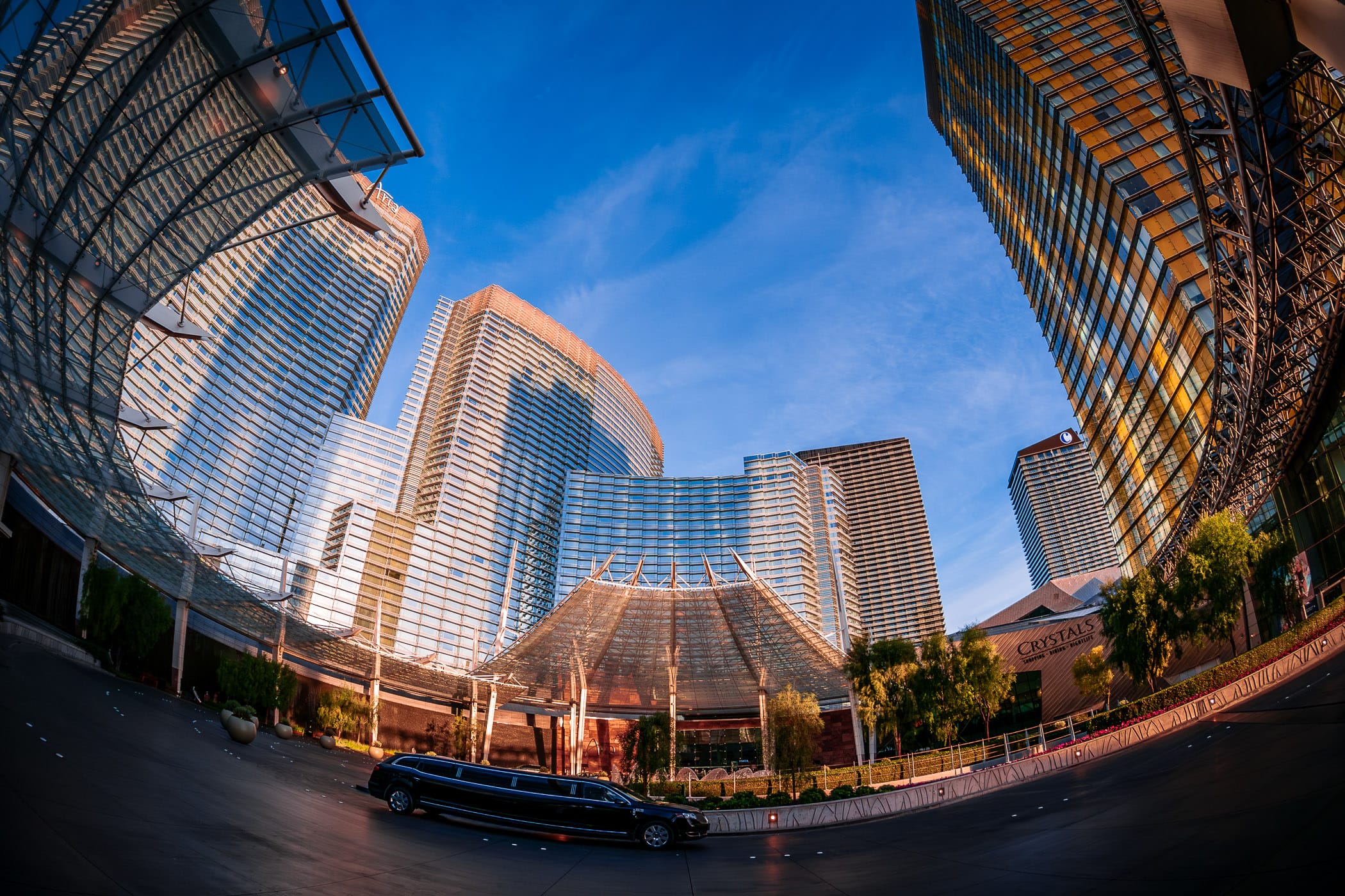 A limousine drives through the circular driveway at Las Vegas's Aria at CityCenter.