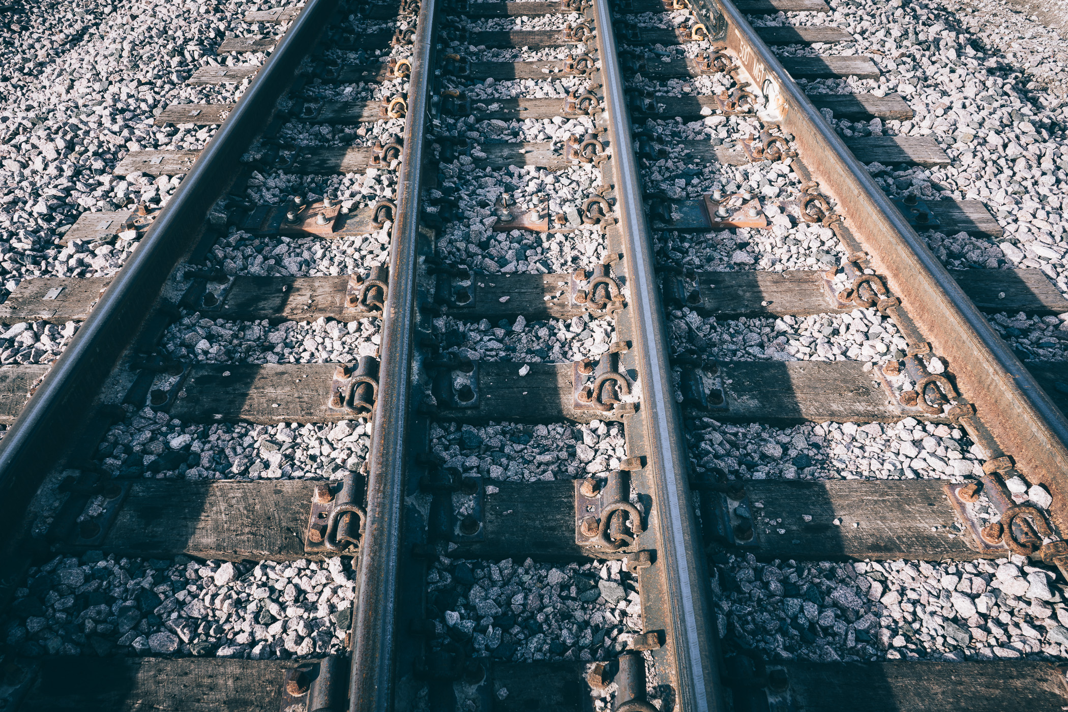Railroad tracks begin to converge on a siding in Grapevine, Texas.
