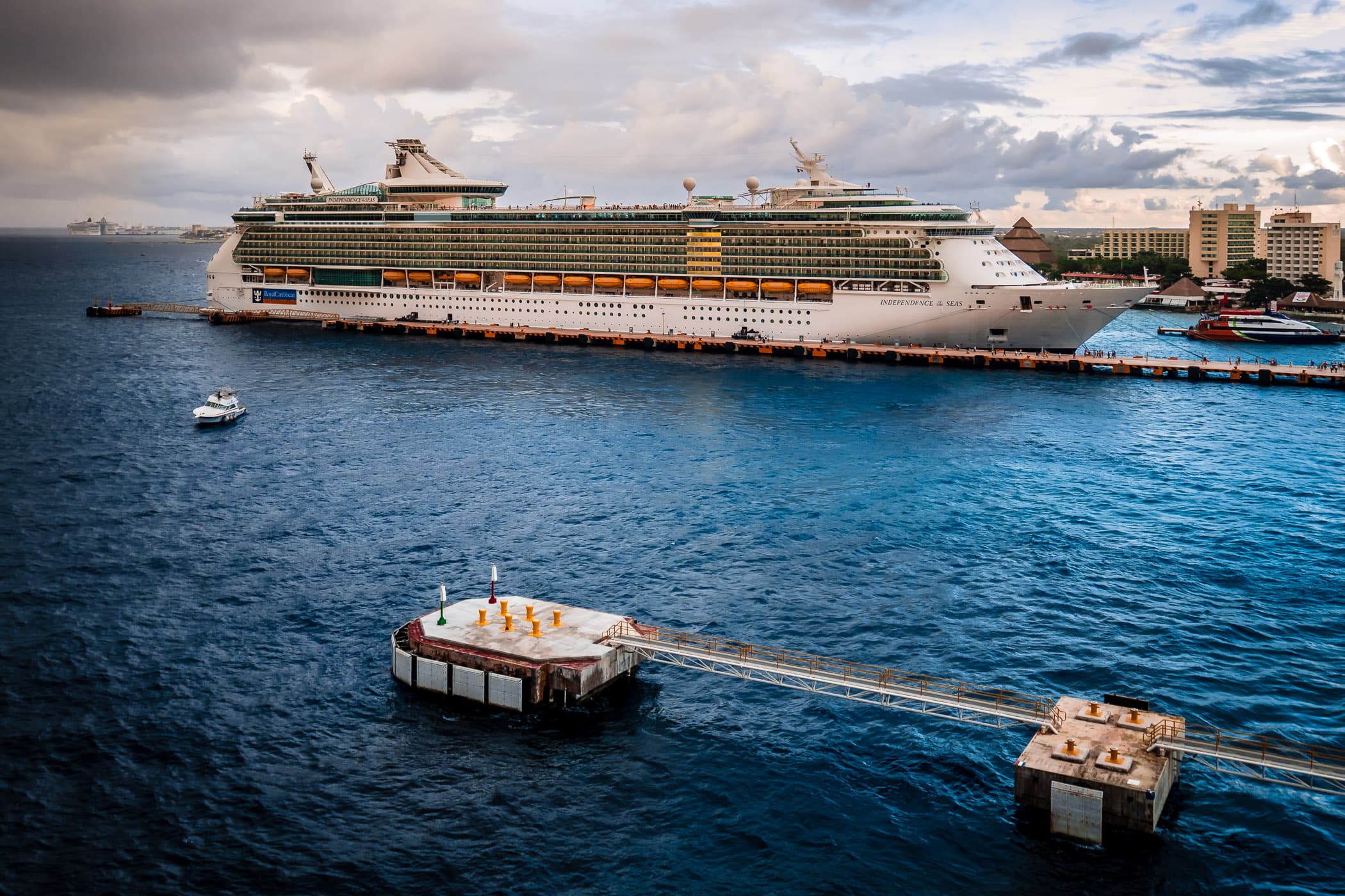 The Royal Caribbean cruise ship Independence of the Seas, docked in Cozumel, Mexico.