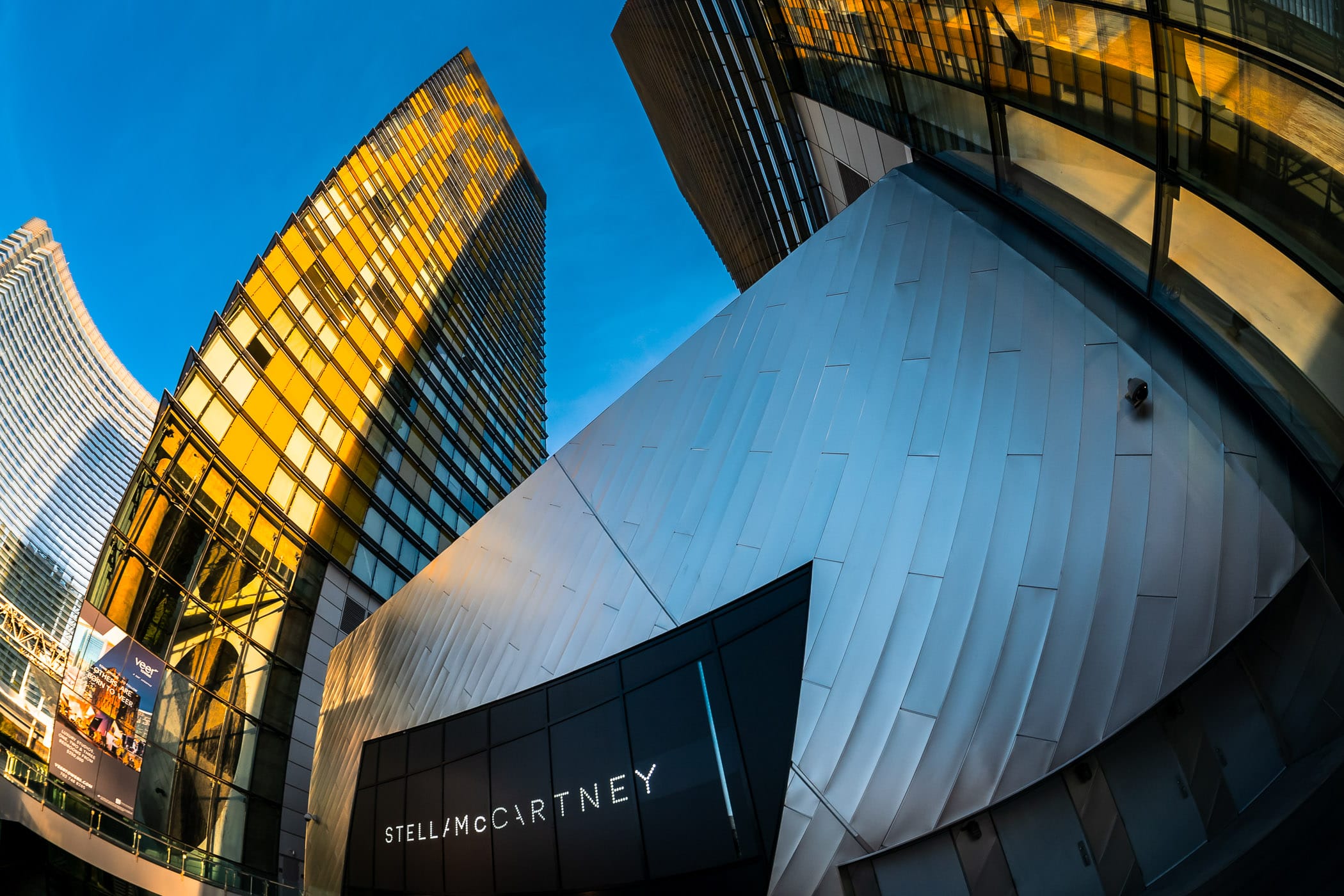 The Stella McCartney boutique at the Crystals in CityCenter Las Vegas is dwarfed by the adjacent Veer Towers.