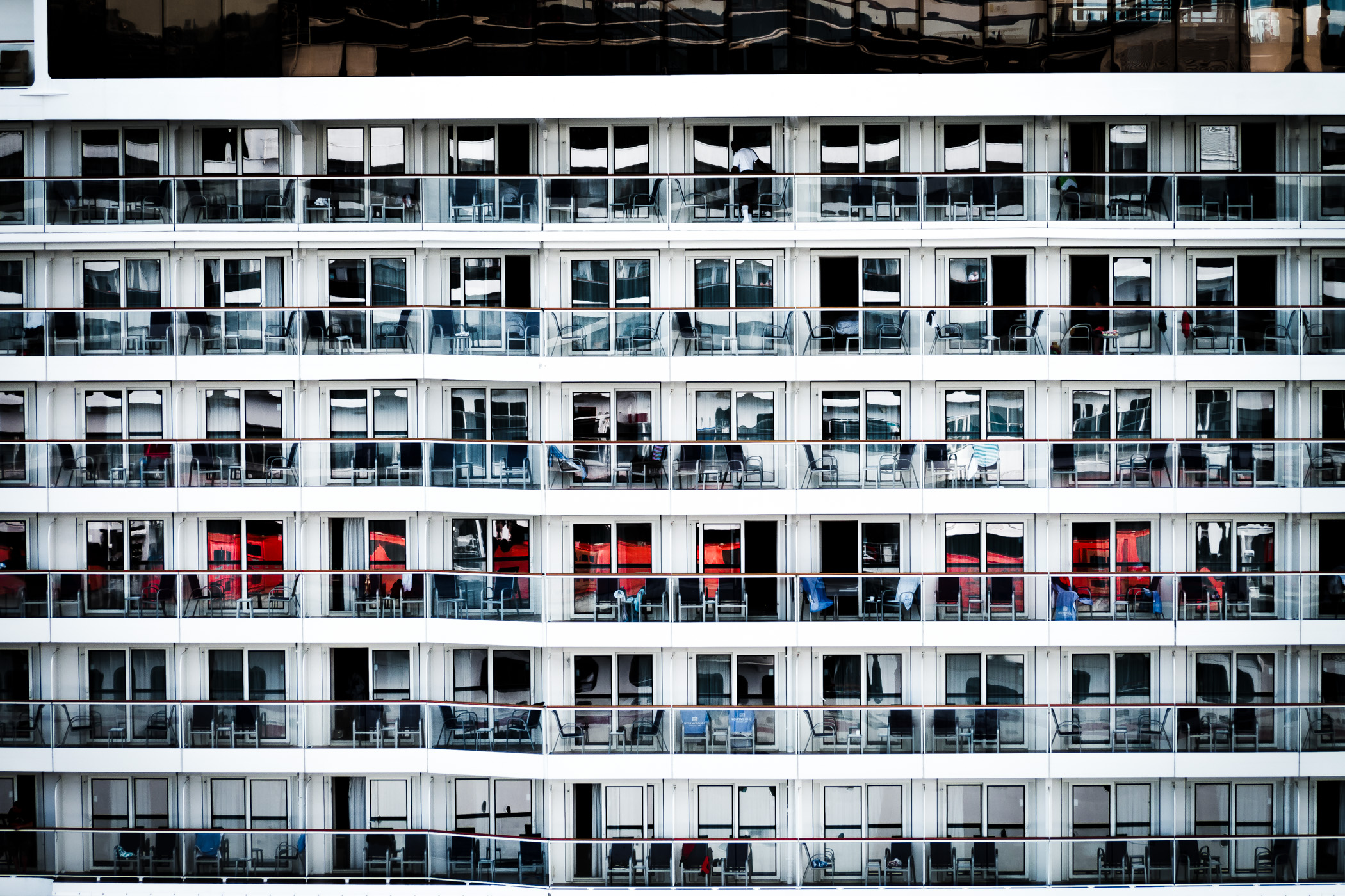 Stateroom balconies on the cruise ship Norwegian Breakaway, docked in Nassau, Bahamas.