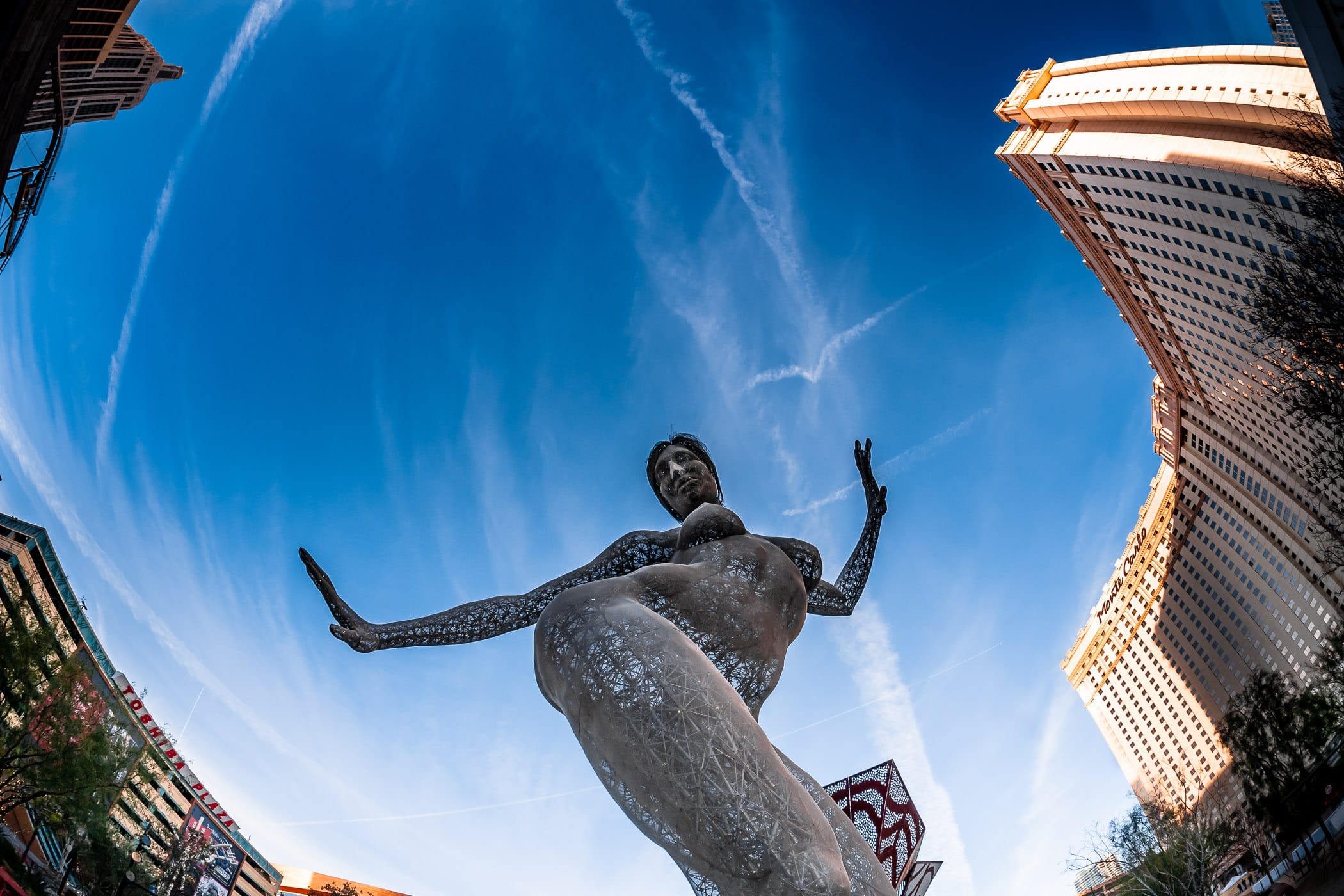 Marco Cochrane’s “Bliss Dance“, a 40-foot-tall sculpture on display at Las Vegas’ Park MGM, formerly the Monte Carlo Resort and Casino.