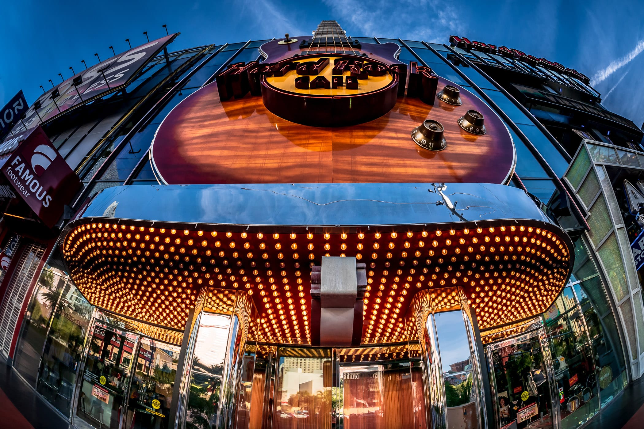 The guitar-shaped sign of the Hard Rock Cafe on the Las Vegas Strip.