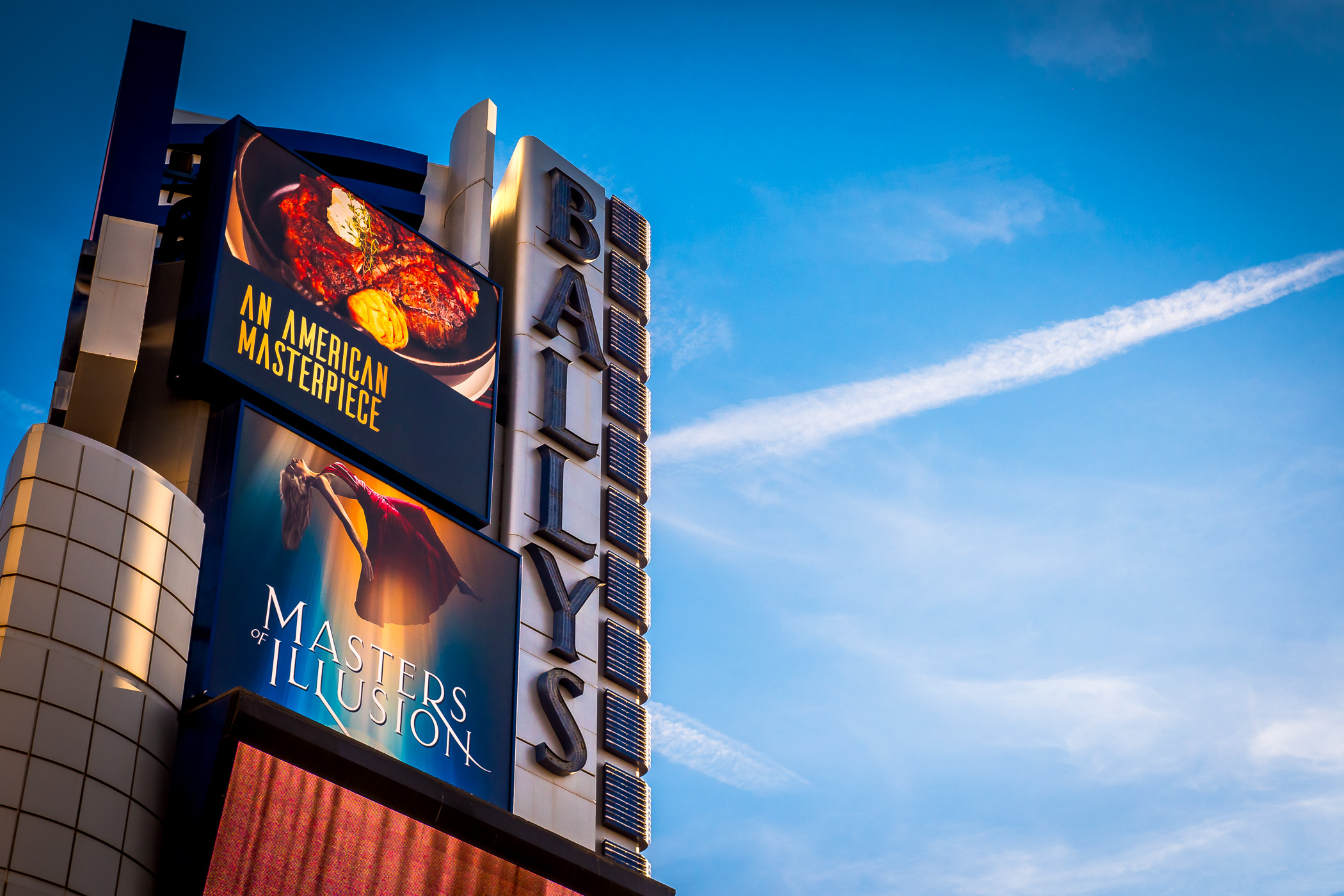 The sign at Ballys Las Vegas rises into the Nevada sky.