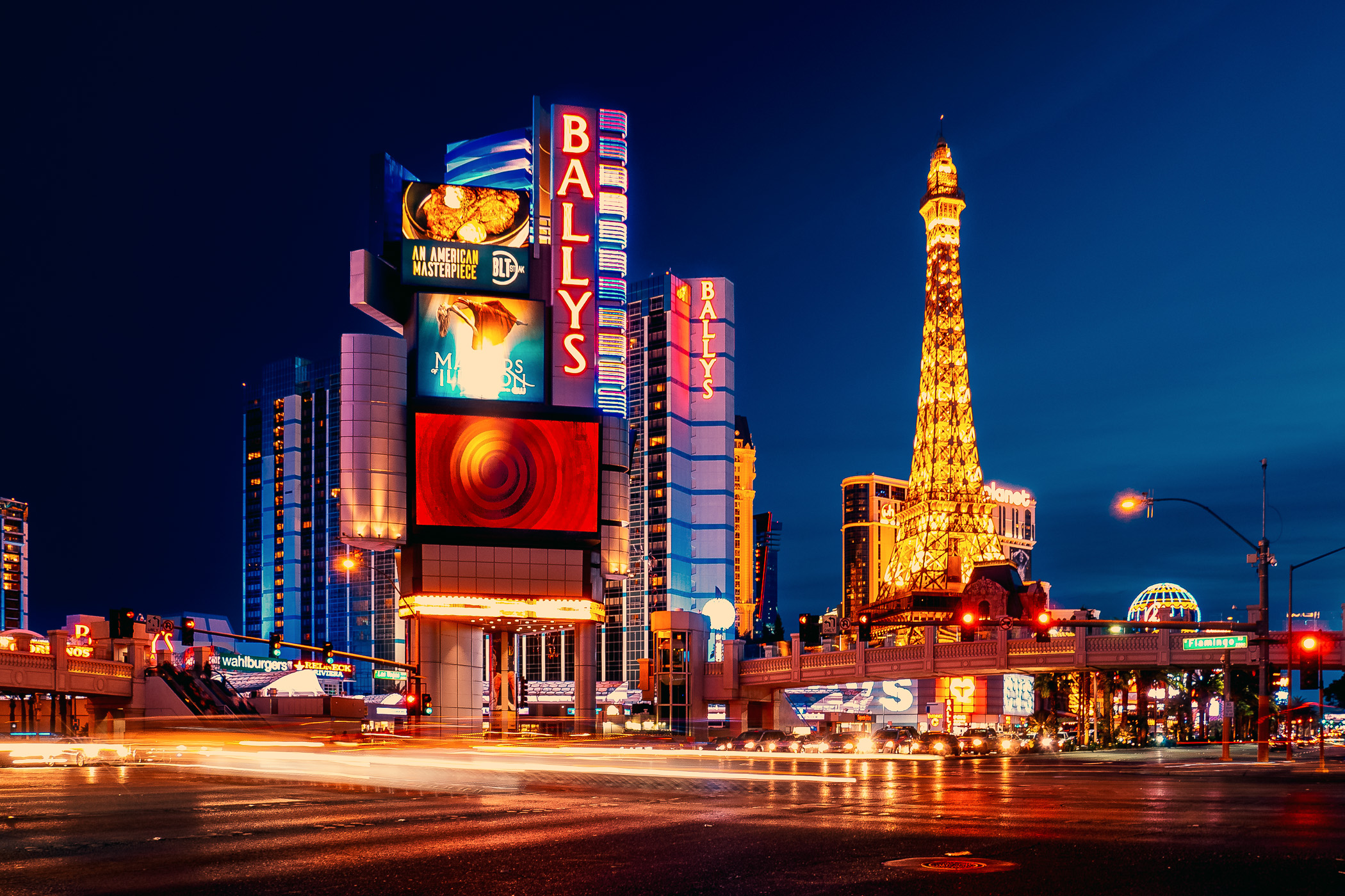 Night descends on Ballys and Paris Las Vegas along with the rest of The Strip.