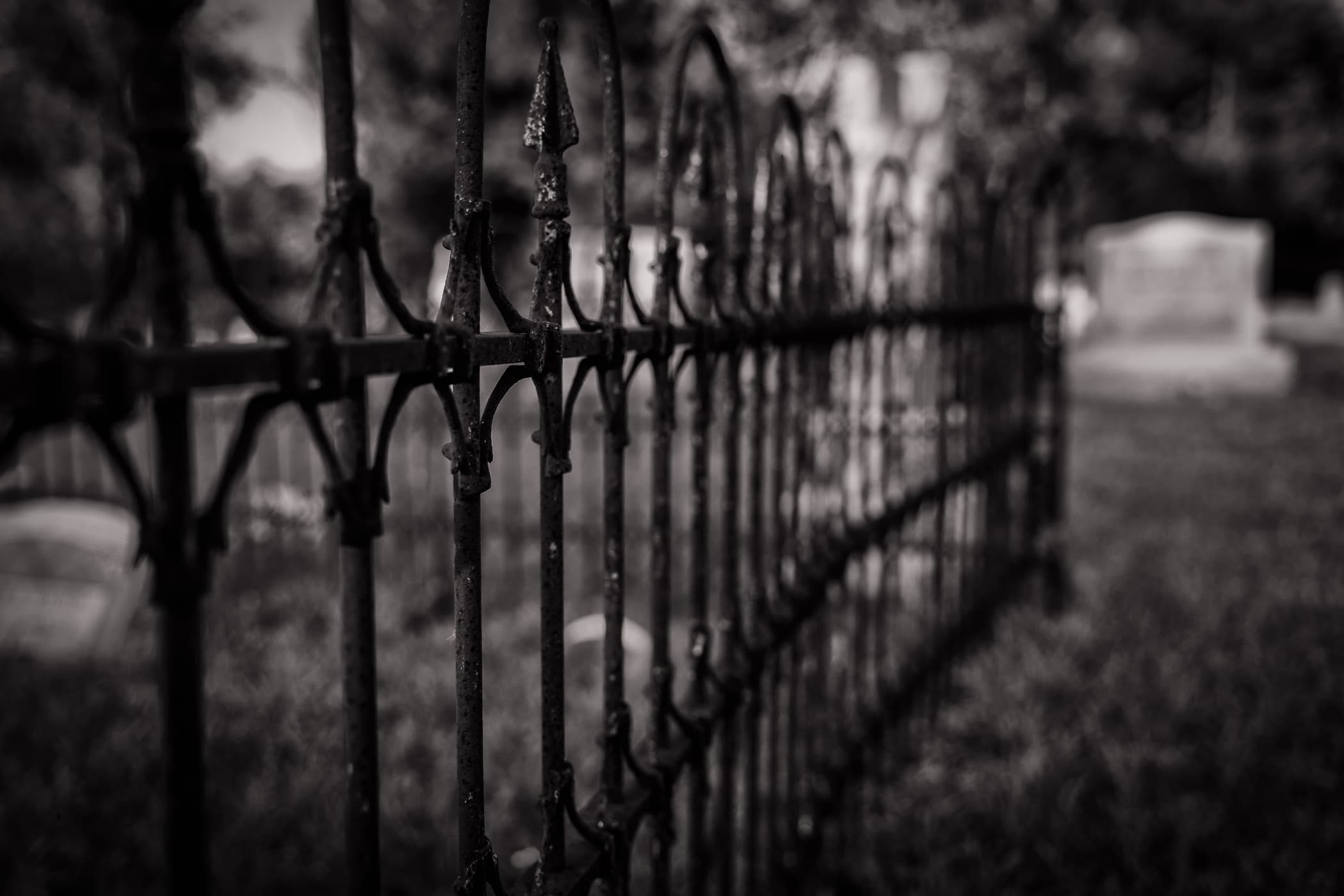 A rusting iron fence found in a cemetery near Chambersville, Texas.
