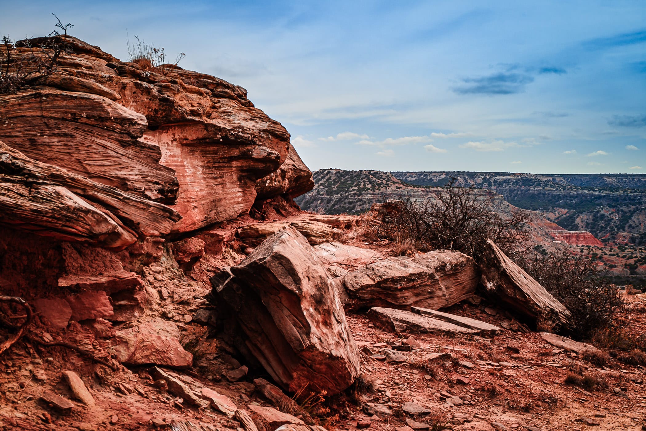 A pile of rocks on the rim of Texas' Palo Duro Canyon.