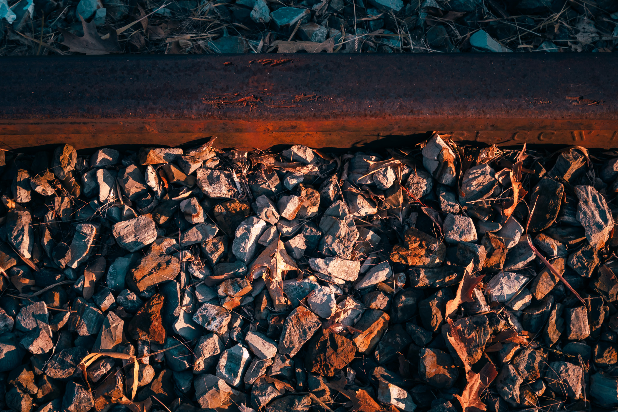Detail of a railroad rail spotted in Addison, Texas.