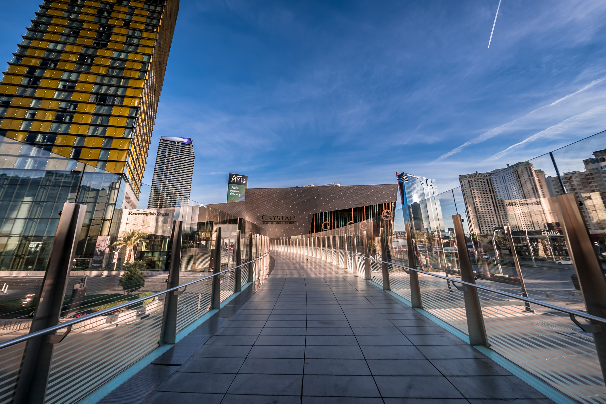 A skywalk leads to the Crystals in CityCenter Las Vegas.