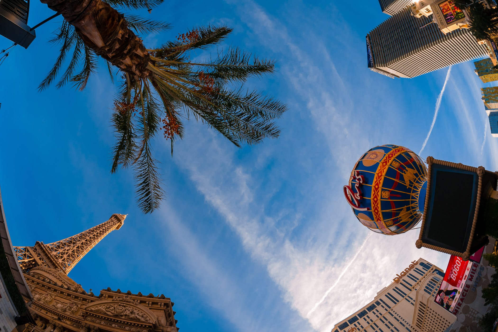 Paris Las Vegas, Planet Hollywood and the Cosmopolitan rise into the Nevada sky.