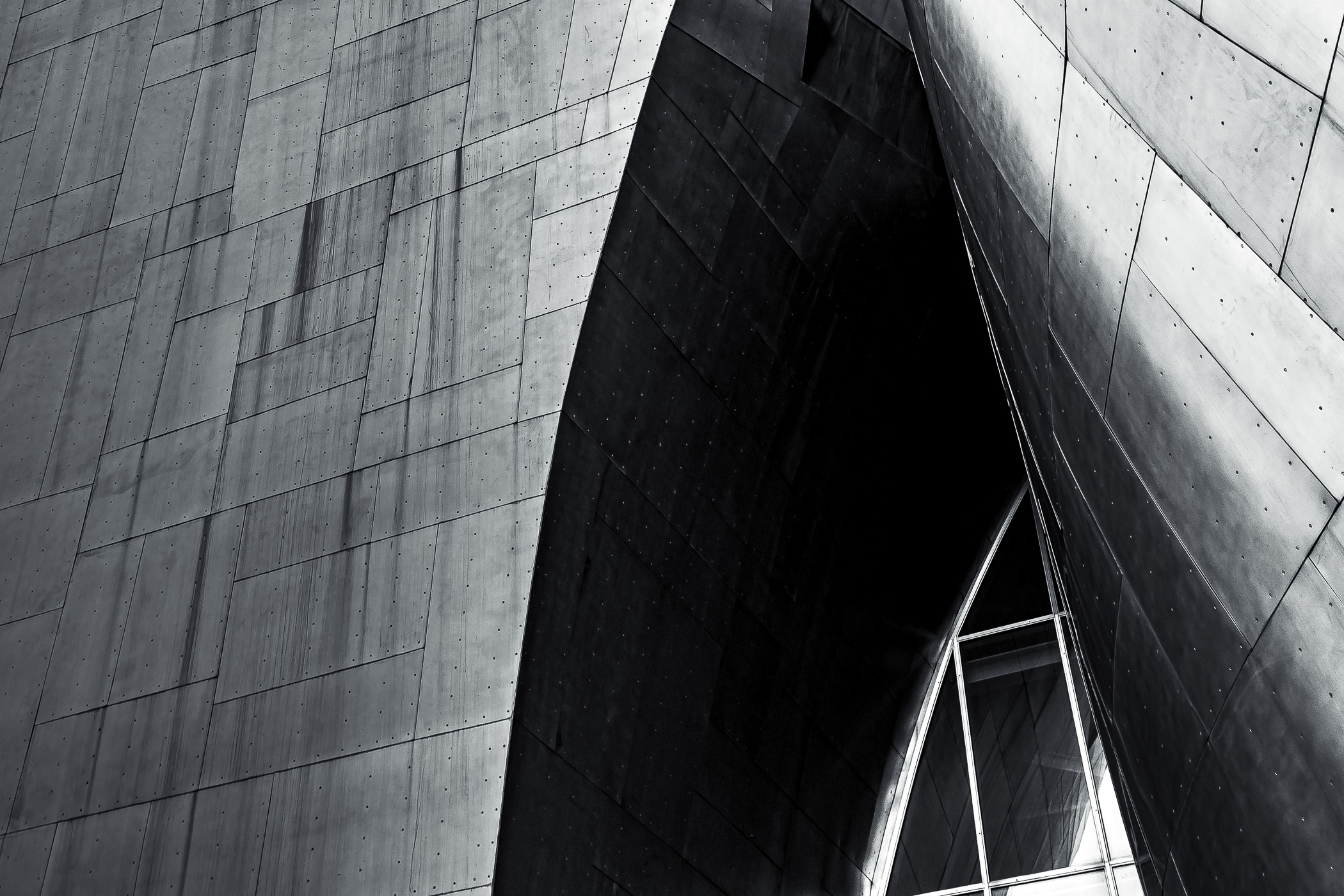 Abstract architectural detail of Seattle’s Frank Gehry-designed Museum of Pop Culture.