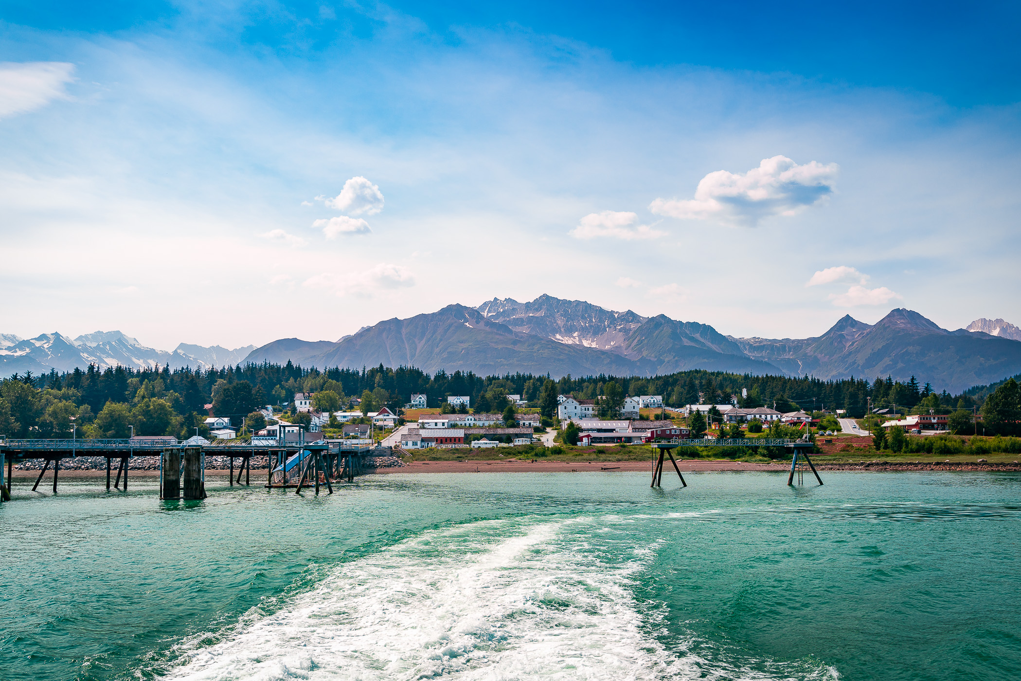 Mountains rise over the small town of Haines, Alaska.