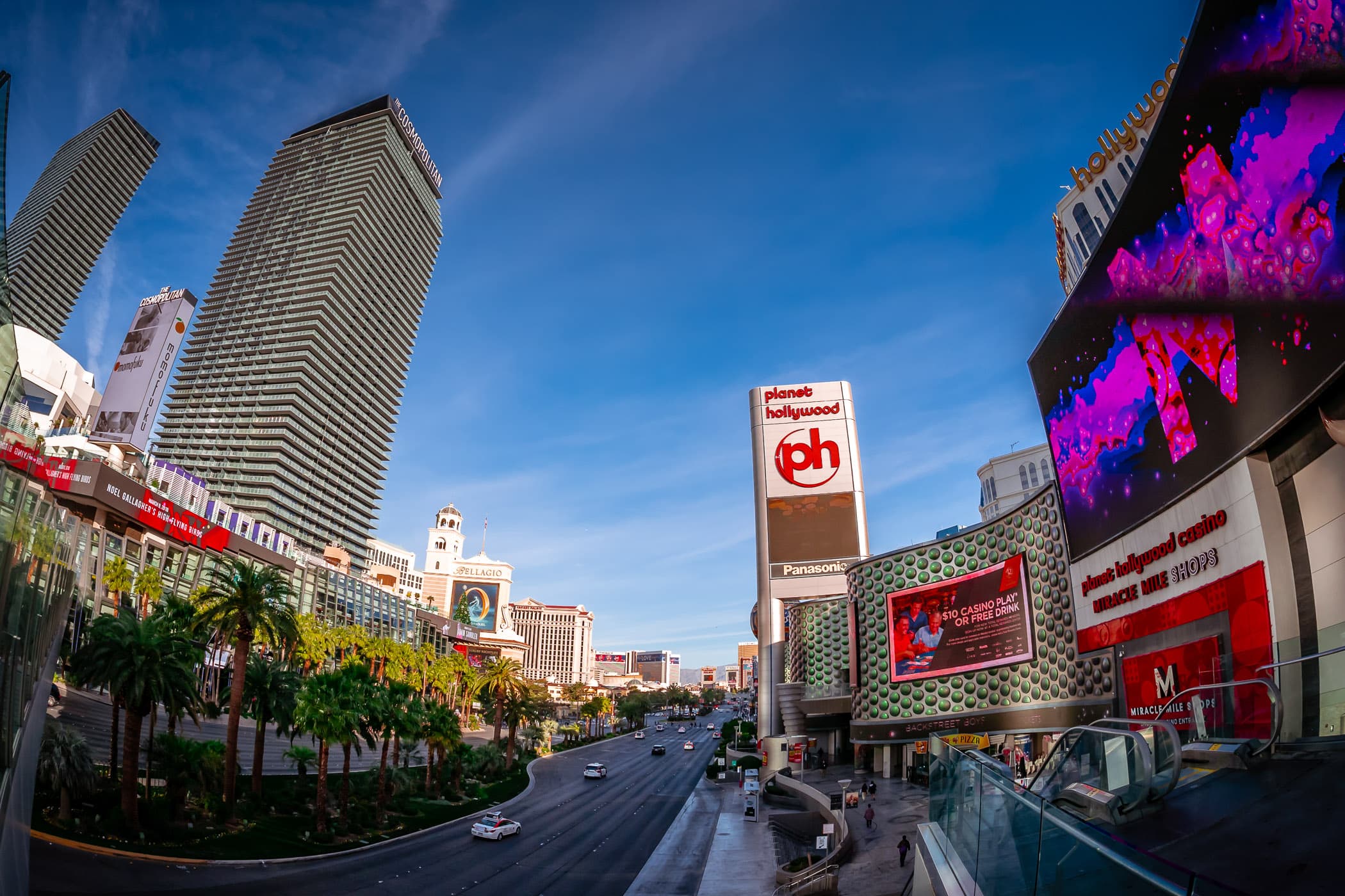 The Las Vegas Strip­­—framed by the Cosmopolitan and Planet Hollywood—stretches northward into the Nevada morning.