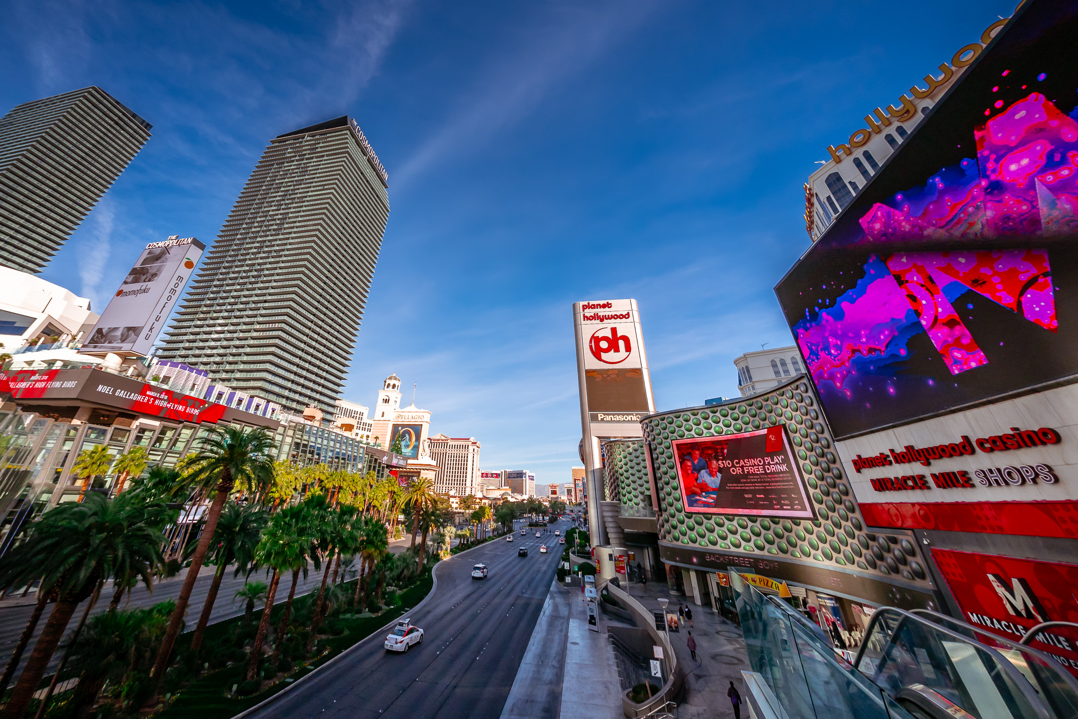 The Las Vegas Strip­­—framed by the Cosmopolitan and Planet Hollywood—stretches northward into the Nevada morning.