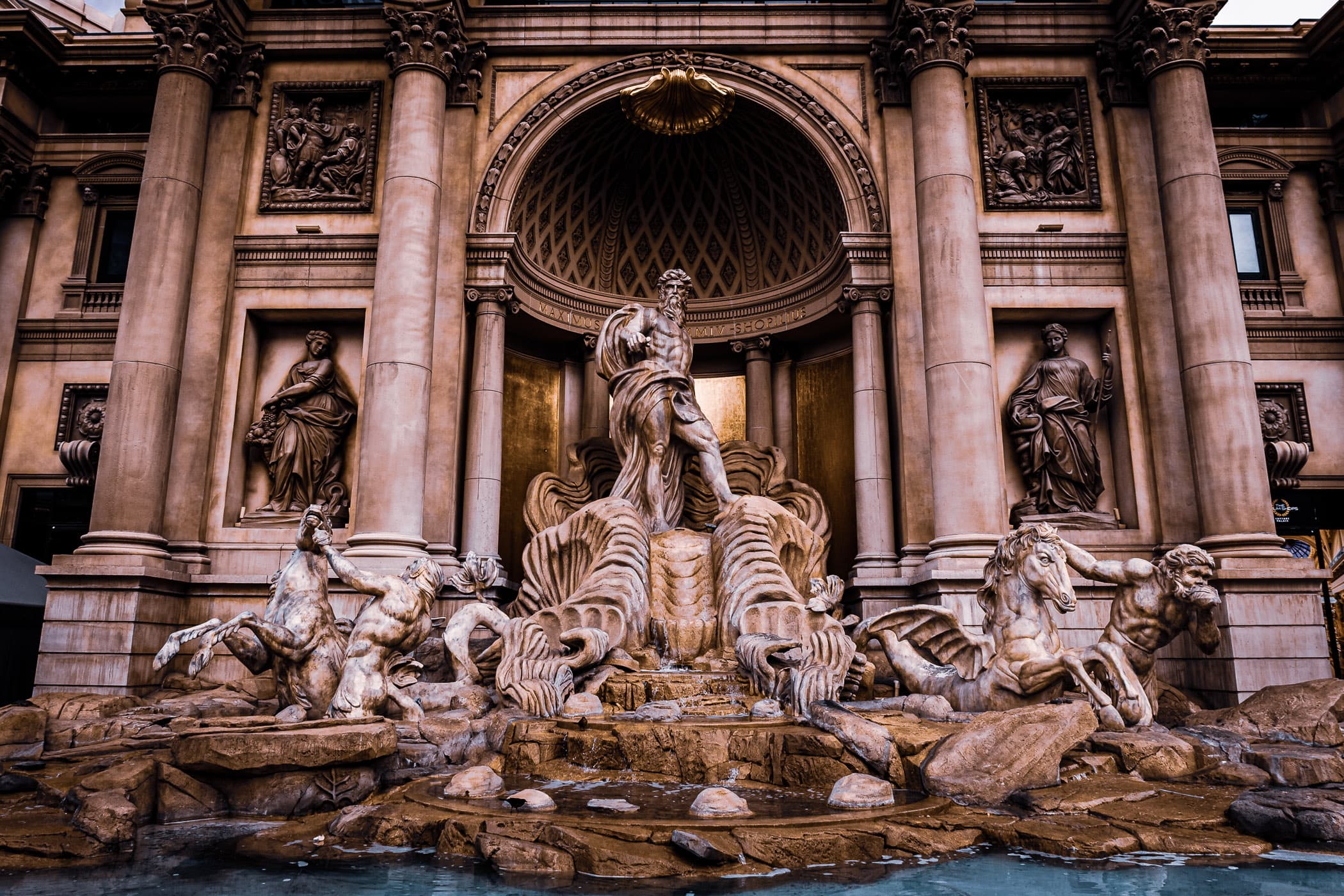 The Roman god of the sea, Neptune, stands in a replica of Rome’s Trevi Fountain at Caesars Palace, Las Vegas.