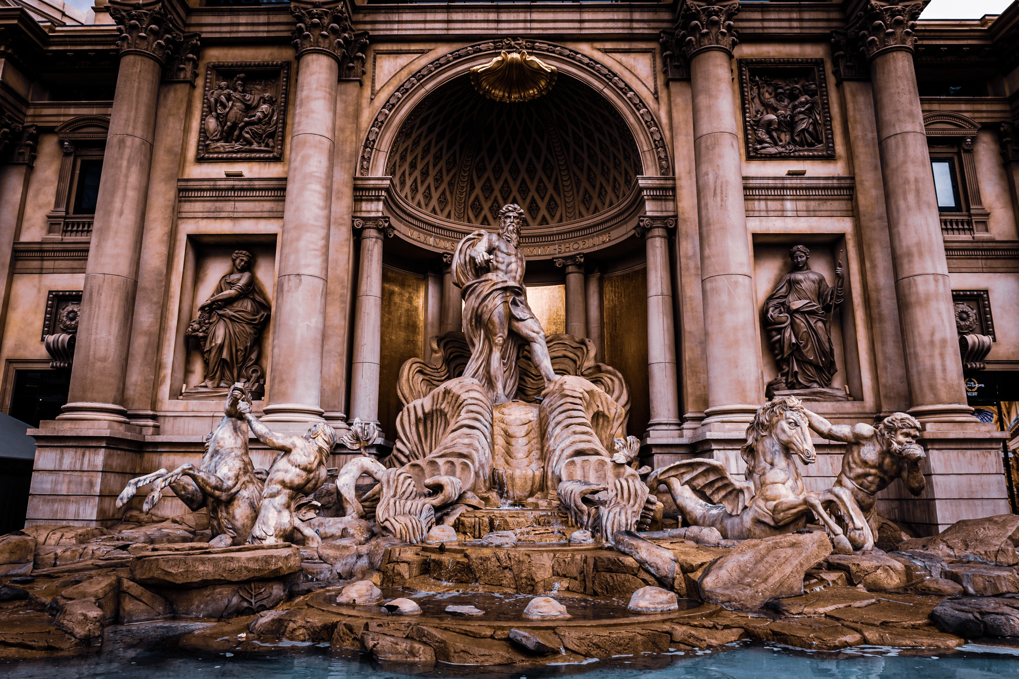 The Roman god of the sea, Neptune, stands in a replica of Rome’s Trevi Fountain at Caesars Palace, Las Vegas.