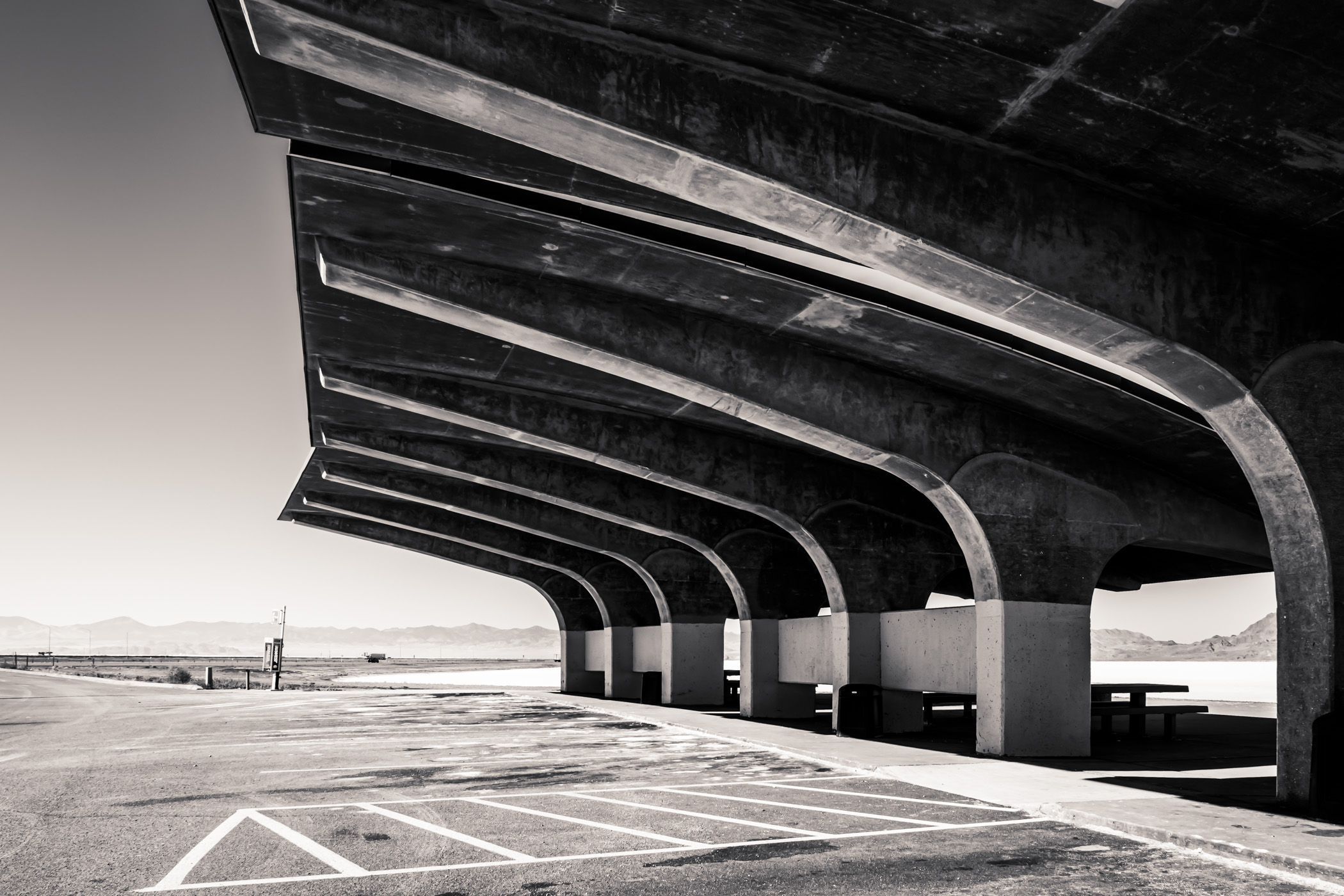 A cast concrete roof at a rest stop along Interstate 80 in the Bonneville Salt Flats, Utah.