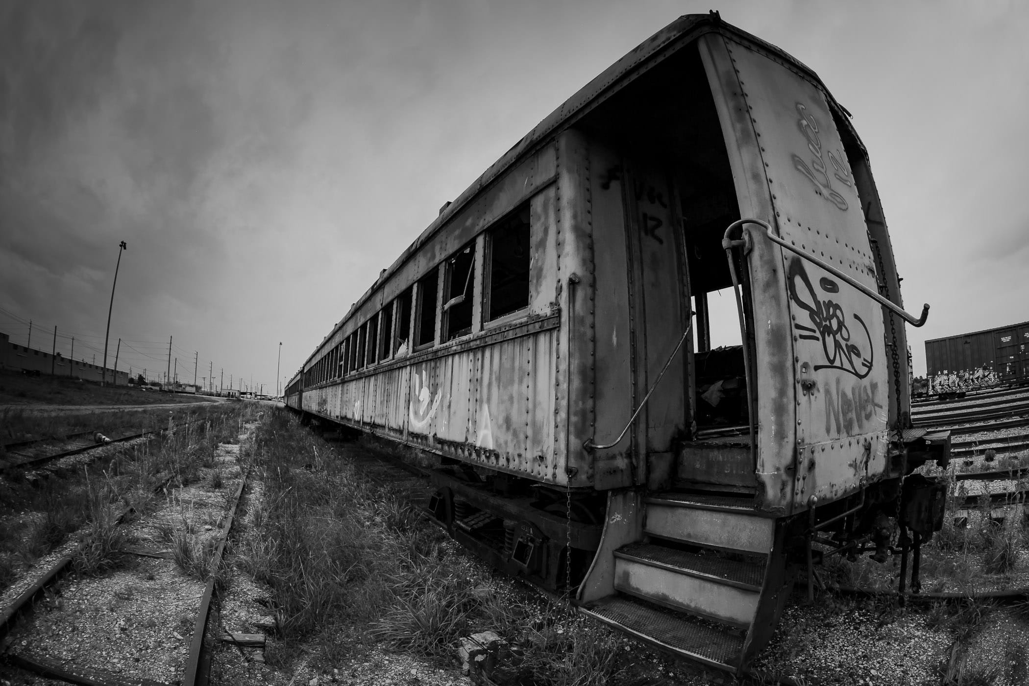 An abandoned railcar rusting in the Union Pacific rail yard at Galveston, Texas.