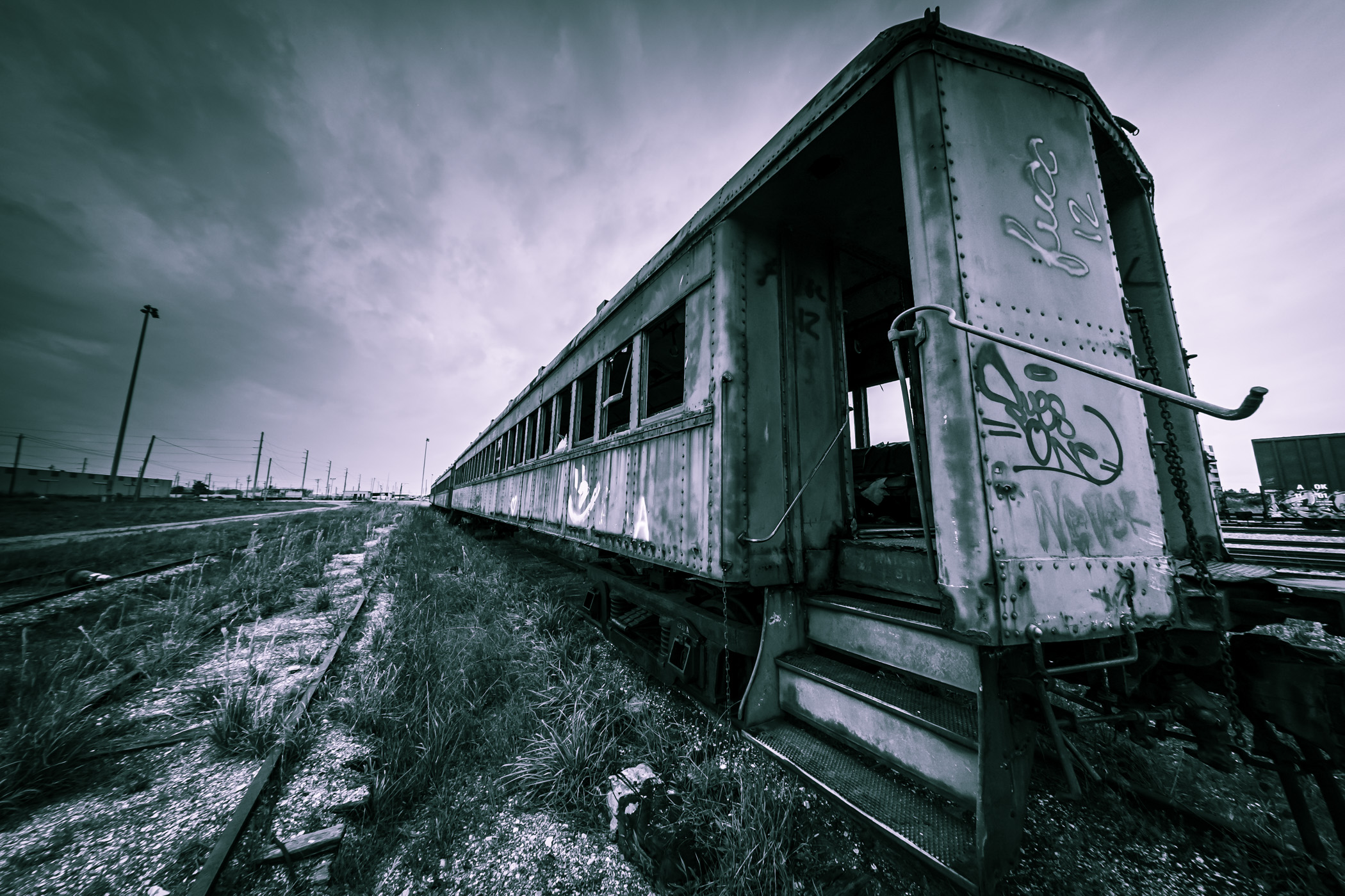 An abandoned railcar rusting in the Union Pacific rail yard at Galveston, Texas.