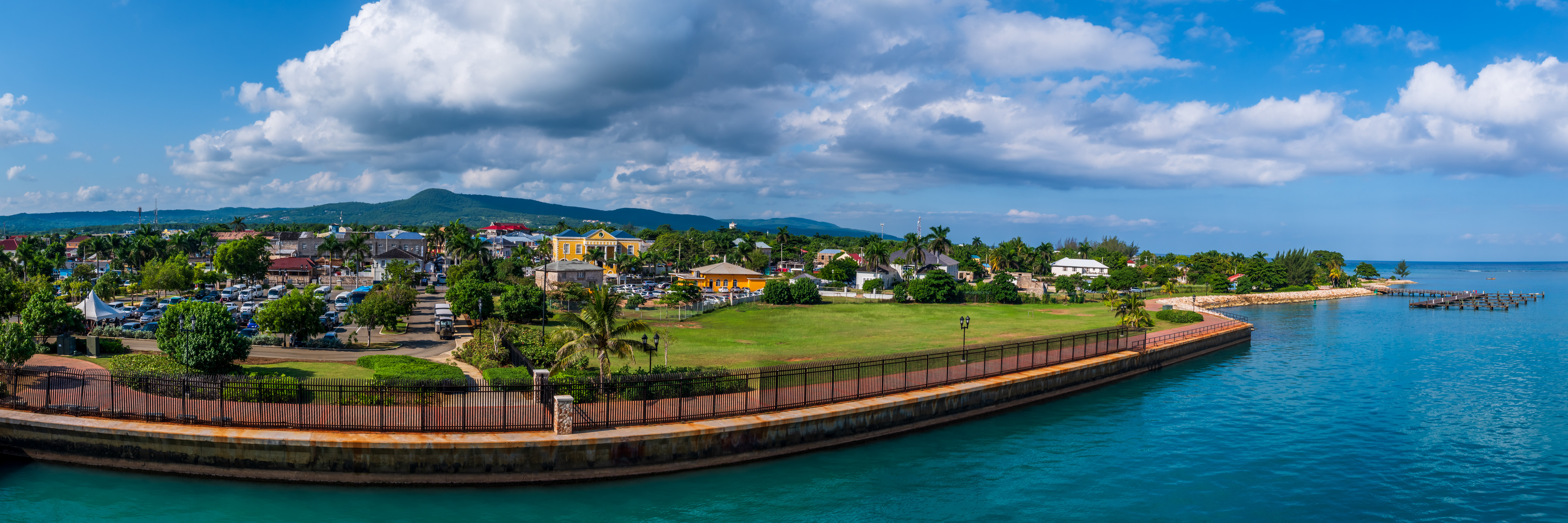A panoramic cityscape view of Falmouth, Jamaica.