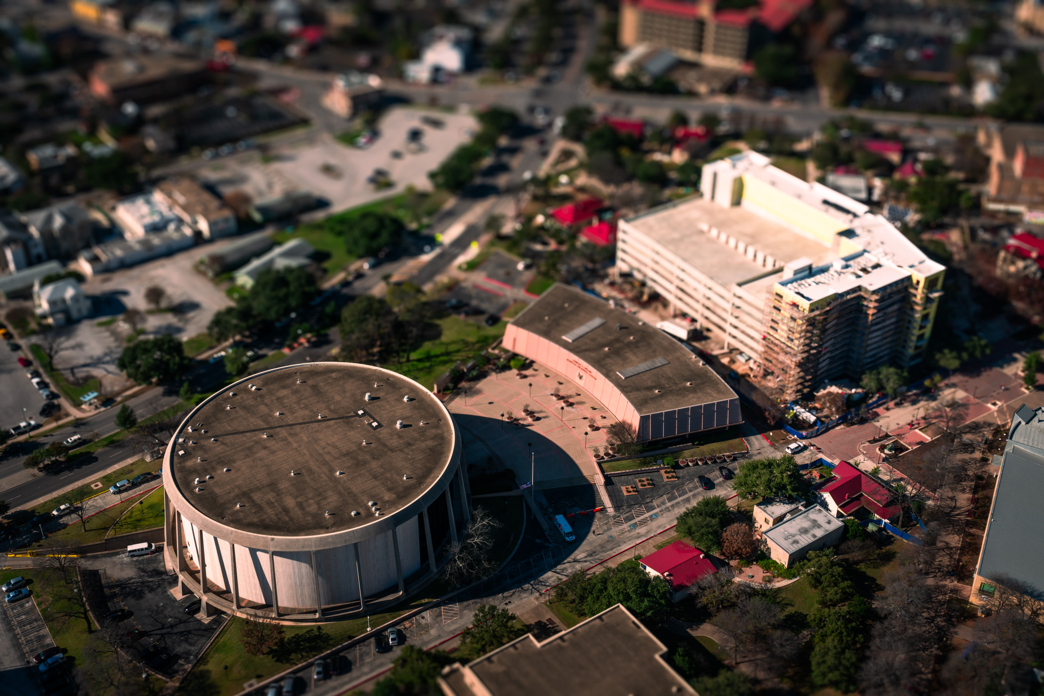 San Antonio, Texas' John H. Wood, Jr. Federal Courthouse—originally build as a theatre for HemisFair '68—as seen from the nearby Tower of the Americas.