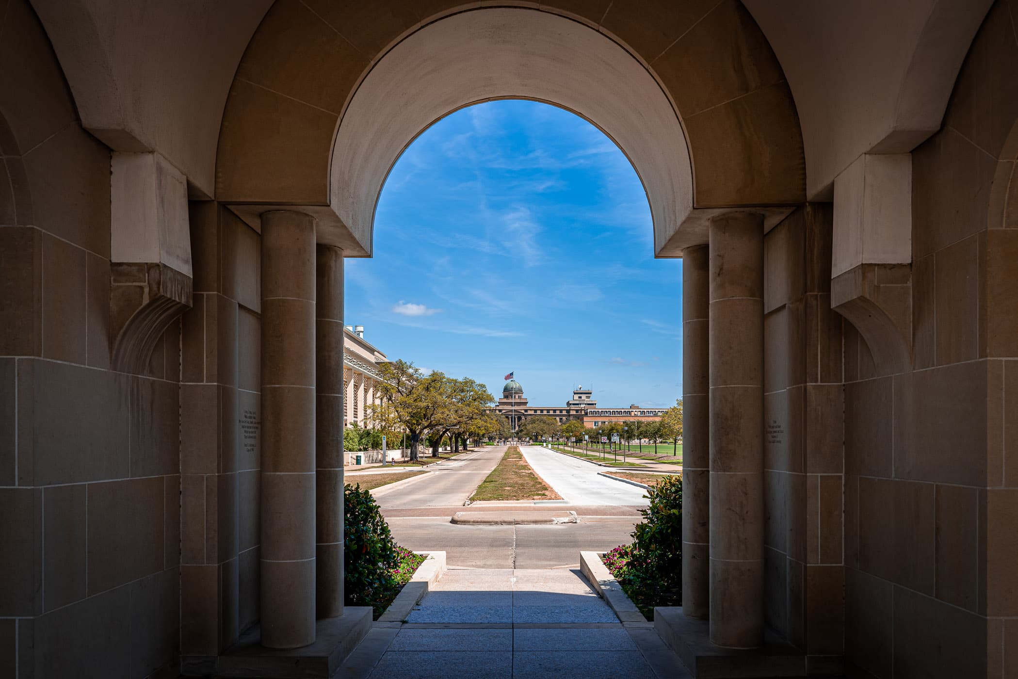 The Academic Building at Texas A&M University as seen from under Albritton Tower.