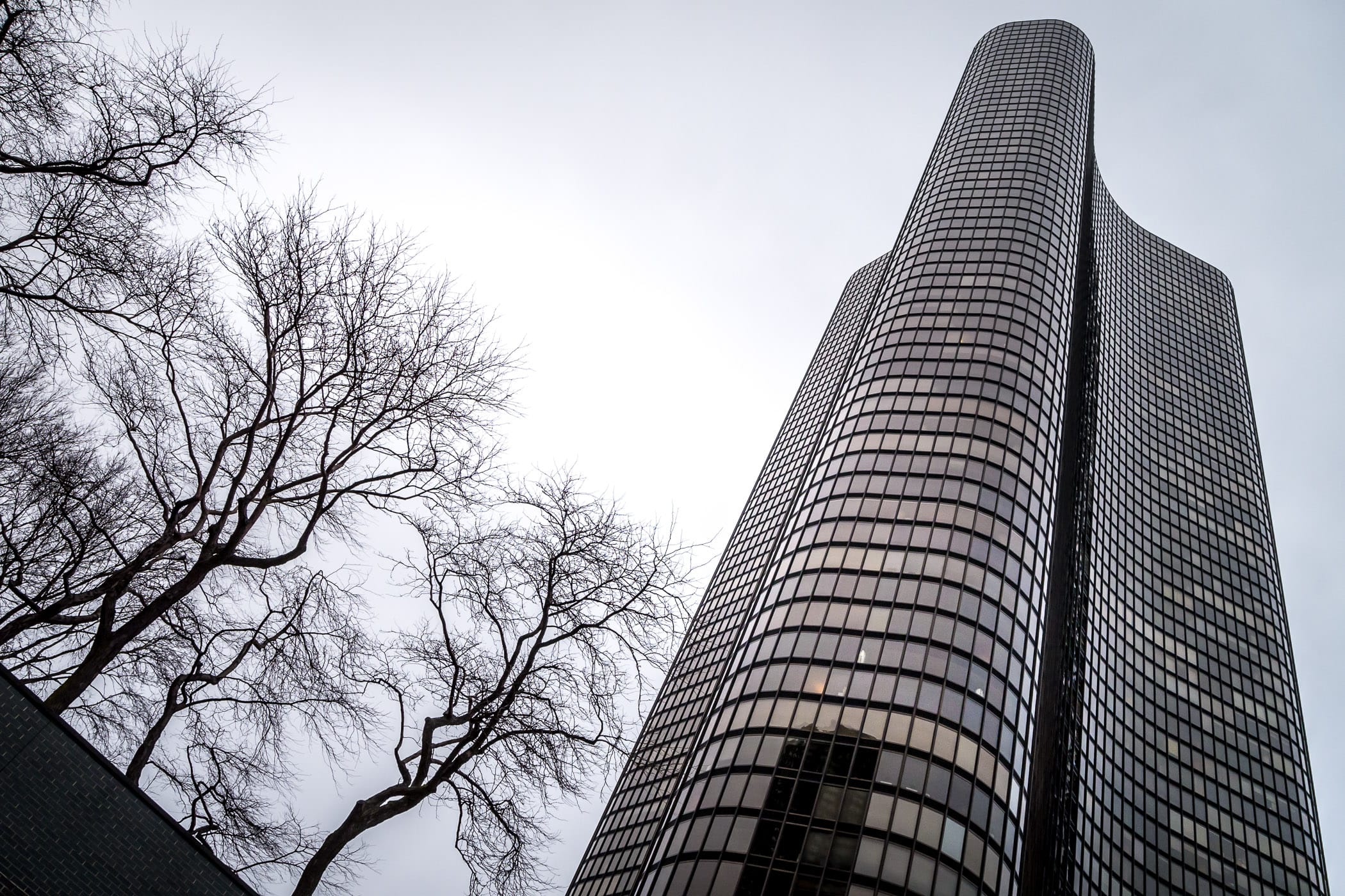 Lake Point Tower rises over barren wintry trees into the overcast Chicago sky.