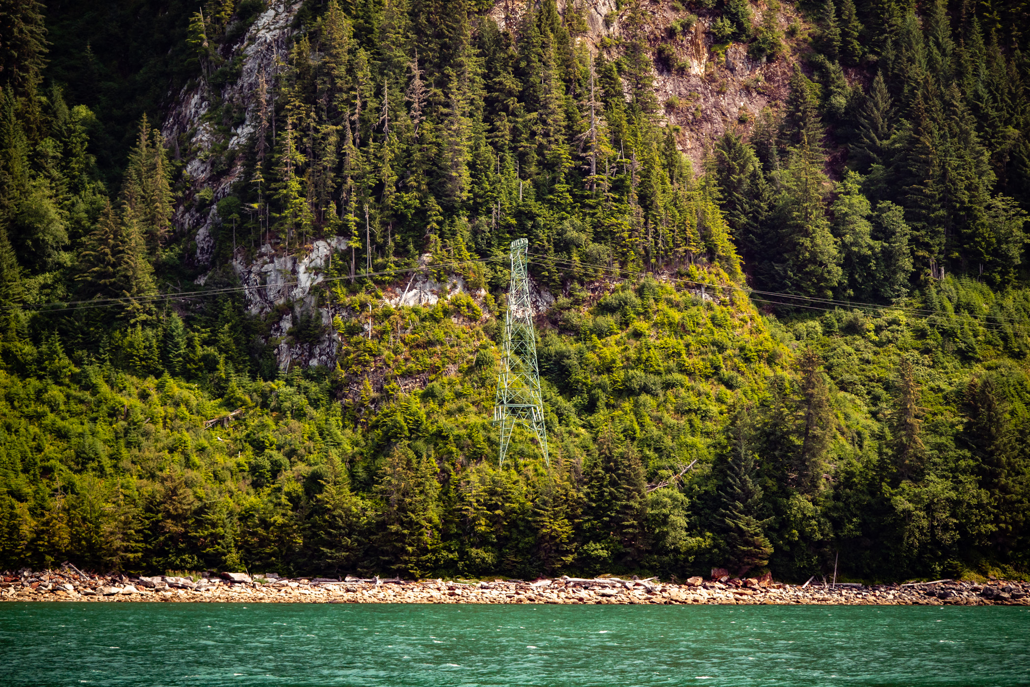 Power lines along the shore of Gastineau Channel, Juneau, Alaska.